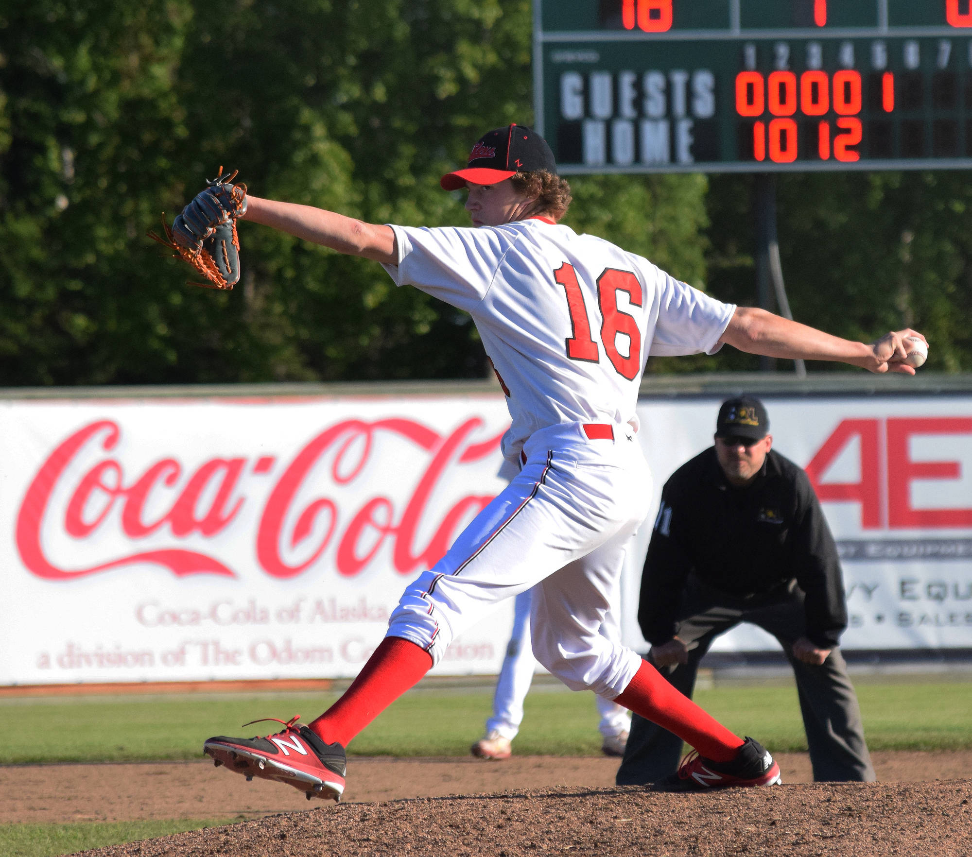 Peninsula Oilers pitcher and 2016 Soldotna High School graduate Joey Becher offers up a pitch to the Anchorage Glacier Pilots midway through Saturday’s Alaska Baseball League contest at Coral Seymour Memorial Ballpark in Kenai. (Photo by Joey Klecka/Peninsula Clarion)