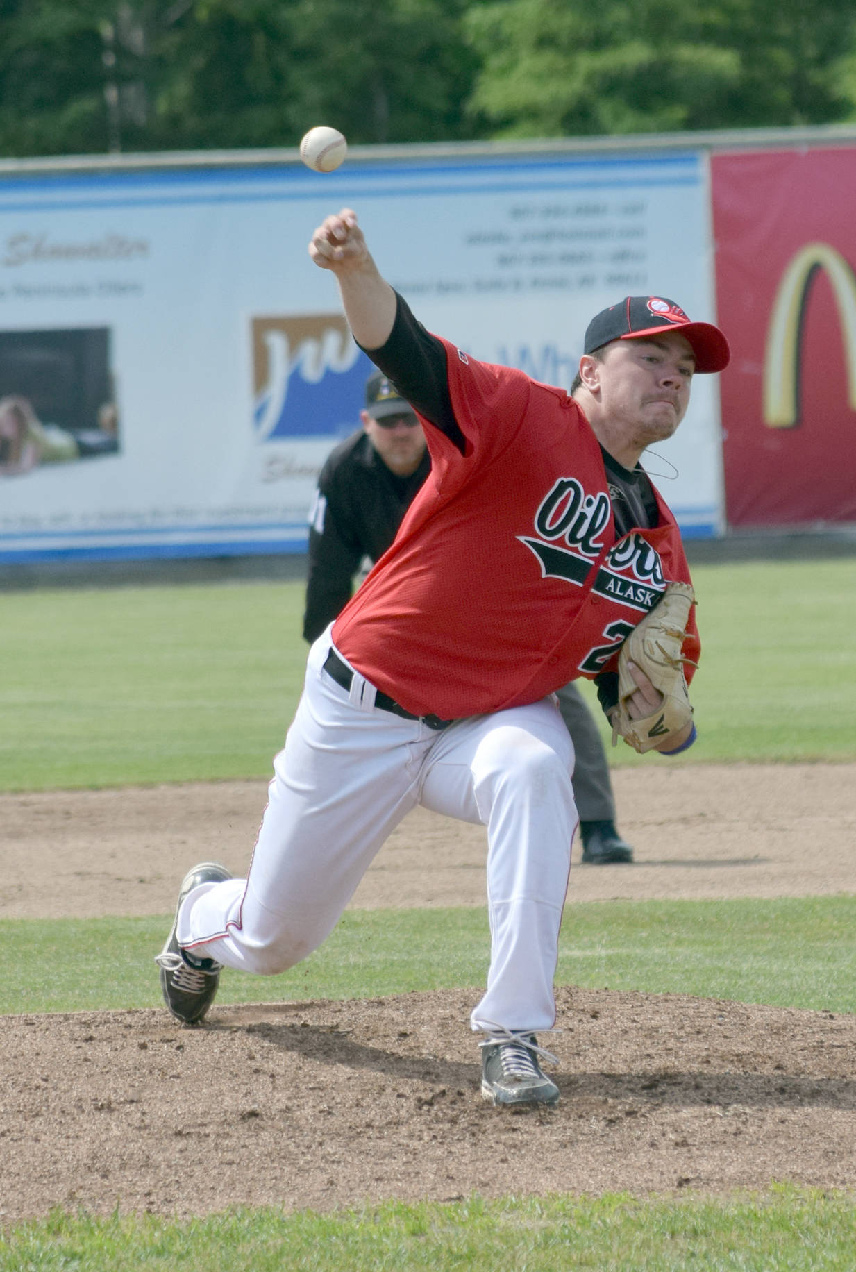 Oilers starting pitcher Devin Hayes delivers to the Anchorage Glacier Pilots on Sunday, June 25, 2017, at Coral Seymour Memorial Park in Kenai. (Photo by Jeff Helminiak/Peninsula Clarion)