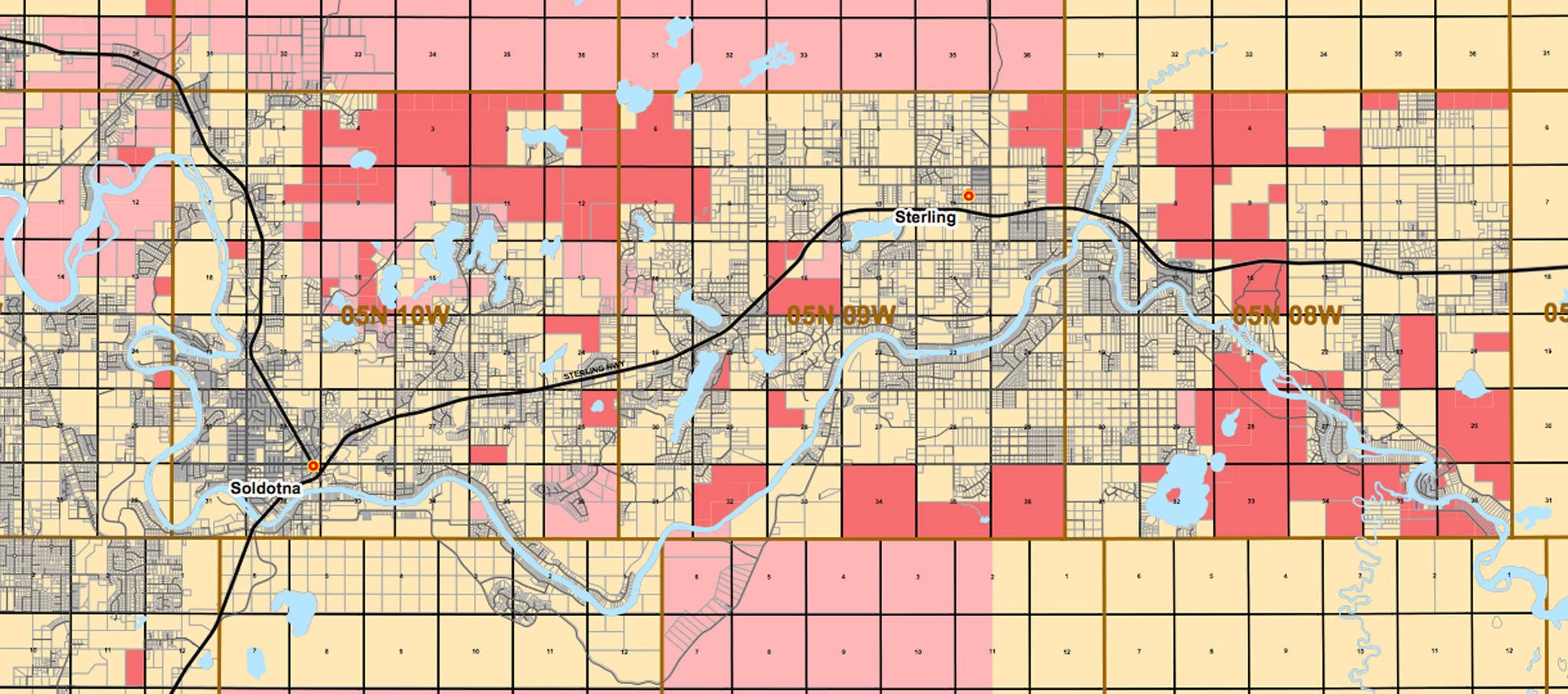 This section of a property ownership map shows some of Cook Inlet Region Incorporated’s lands along the Kenai River near Soldotna, with surface ownership depicted in dark red. CIRI has erected signs this year letting the public know where its privately owned lands are and asking people not to use them to fish without a permit, which is available for free through the corporation. (Courtesy Cook Inlet Region Incorporated)