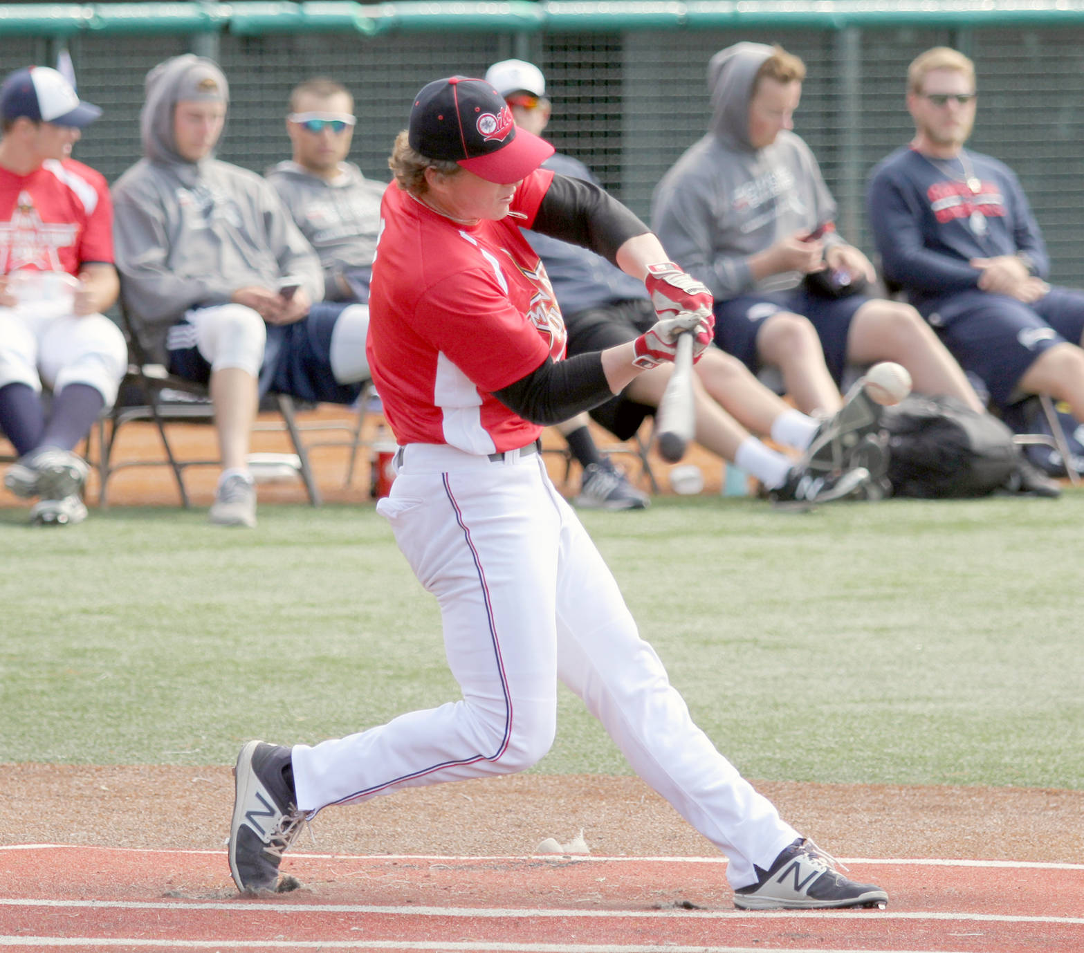 Peninsula Oilers infielder Nathan Webb makes contact during the Alaska Baseball League Home Run Derby on Sunday, July 16, 2017, at Mulcahy Stadium in Anchorage. (Photo by Jeremiah Bartz/Frontiersman)