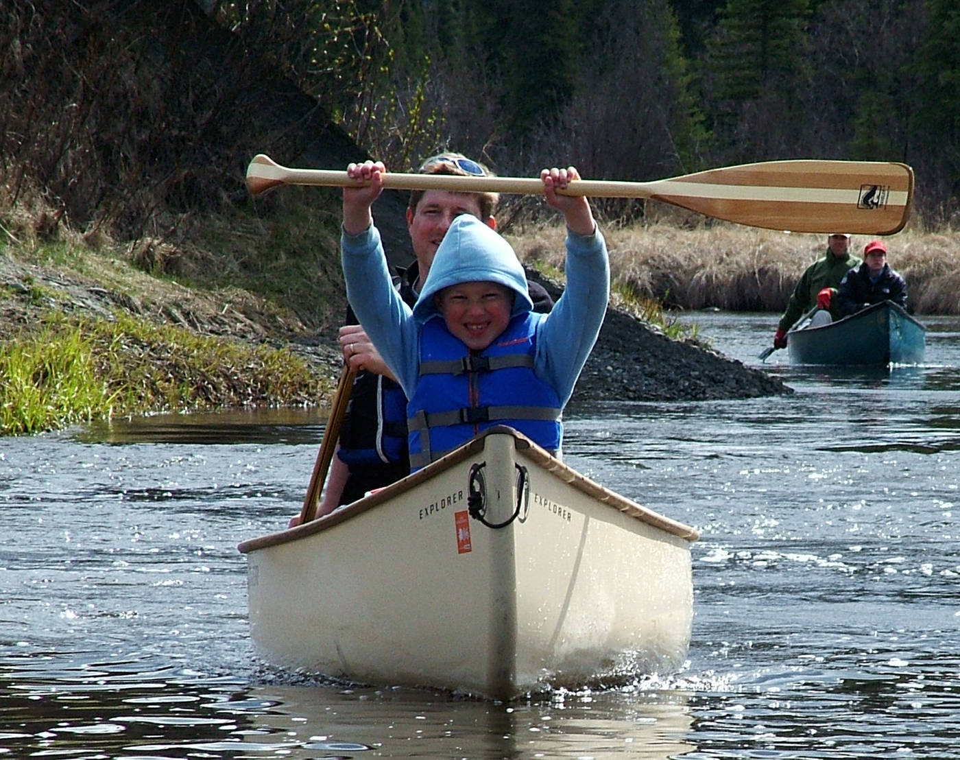 In this May 2008 photo, Billy Morrow shows his enthusiasm for a paddling trip with his father, Clarion editor Will Morrow, on the Swanson River, part of the Kenai National Wildlife Refuge’s canoe trails.
