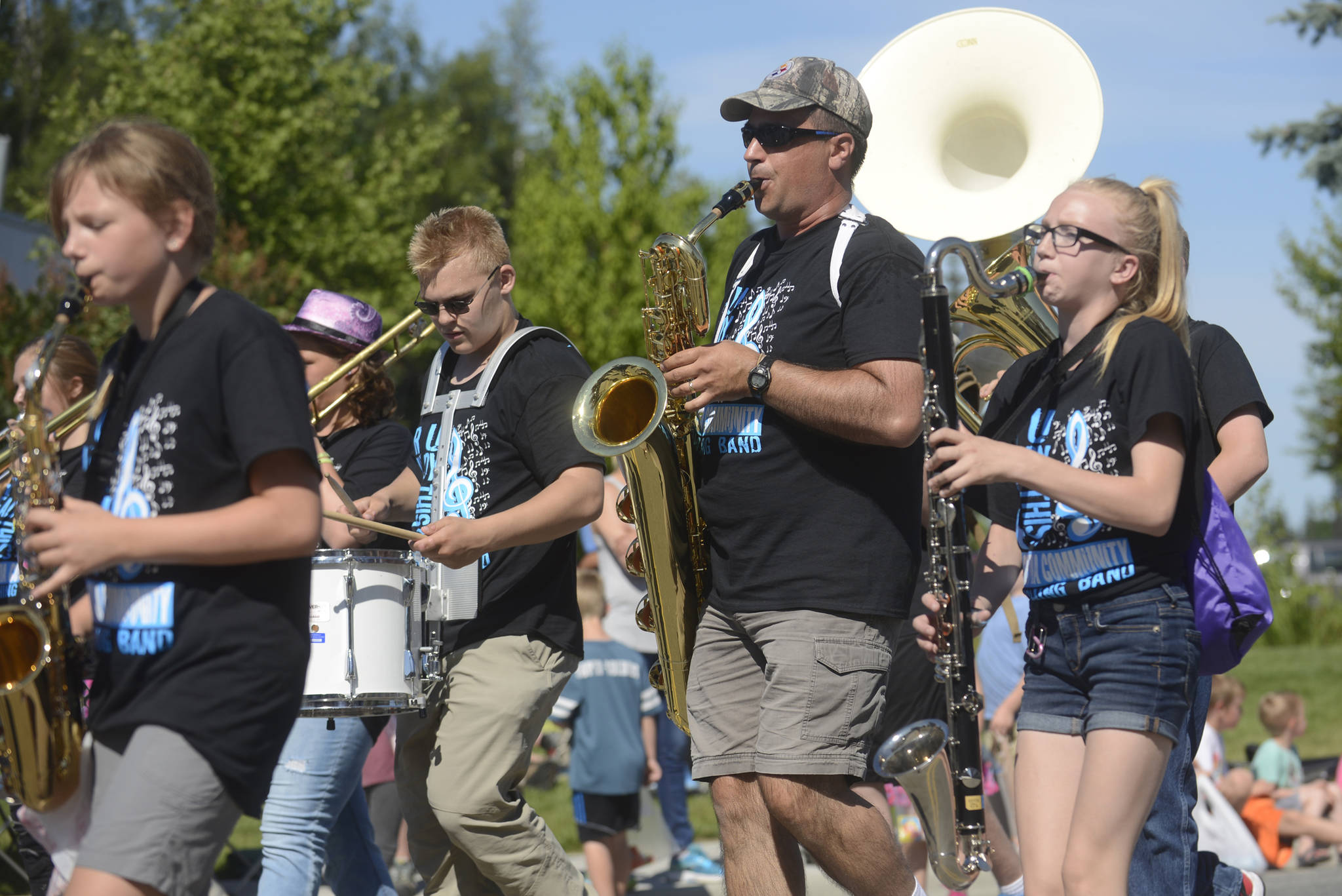 Members of the Soldotna Community Marching Band march in Soldotna’s Progress Days Parade on Saturday, July 22, 2017 in Soldotna, Alaska.