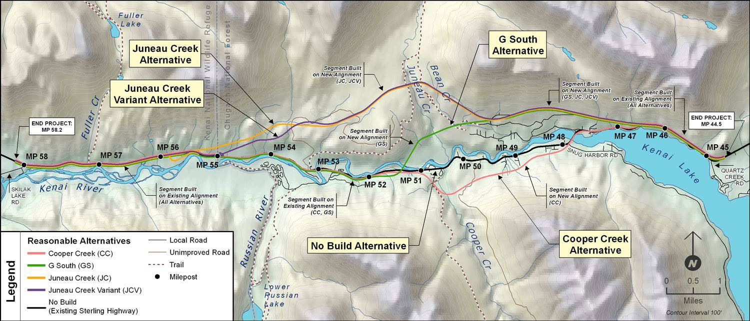 There are four different options to relocate a 15-mile stretch of the Sterling Highway in order to avoid Cooper Landing including the Juneau Creek Alternative, which Governor Bill Walker and the Alaska congressional delegation prefer, and the G-South Alternative, which is the federal governments choice route. (Photo courtesy of Alaska Department of Transportation and Public Facilities)