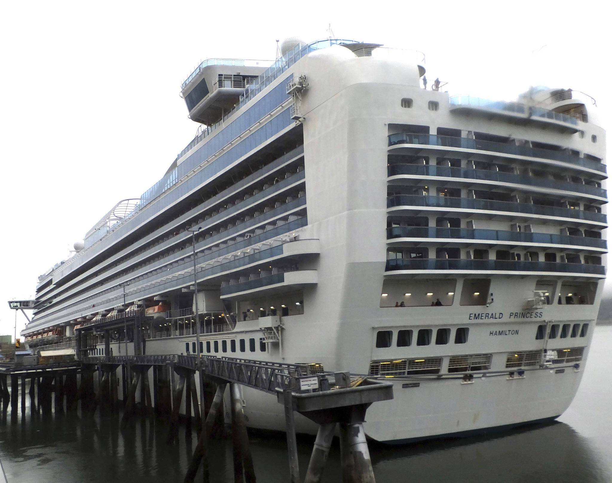 The Emerald Princess cruise ship is docked in Juneau Wednesday. The FBI is investigating the domestic dispute death of a Utah woman on board the ship, which was traveling in U.S. waters outside Alaska. (AP Photo/Becky Bohrer)