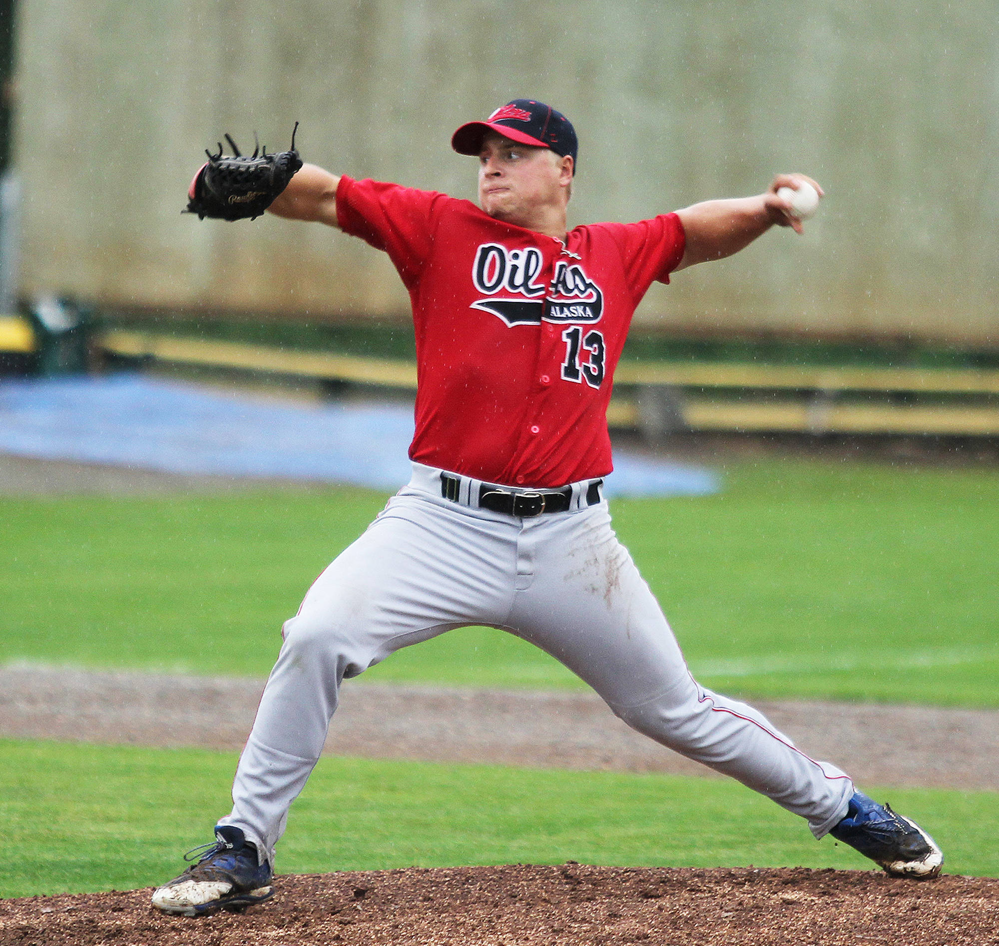 Peninsula lefty Preston Plovanich fires a pitch during a 3-1 loss to the Mat-Su Miners during the first game of a best-of-3 semifinal series Wednesday at Hermon Brothers Field in Palmer. Plovanich allowed four hits and an earned run over six innings of work. (Photo by Jeremiah Bartz/Mat-Su Frontiersman)