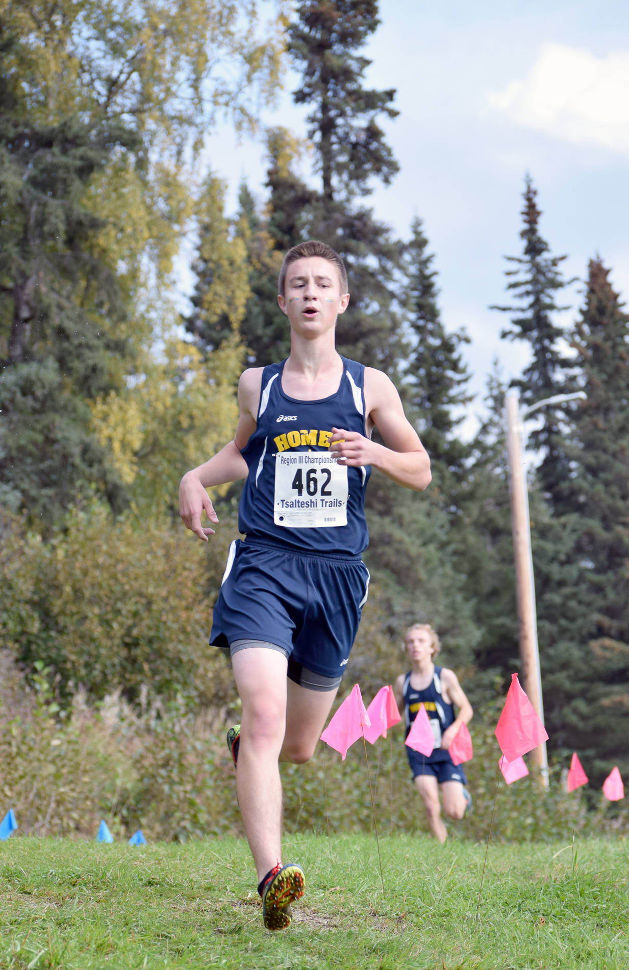 Jordan Beachy finishes off a fifth place finish at the Region III Championships at Tsalteshi Trails in September 2016. Beachy led the Mariners to a Class 3A title that day and returns this season. (Photo by Jeff Helminiak/Peninsula Clarion)