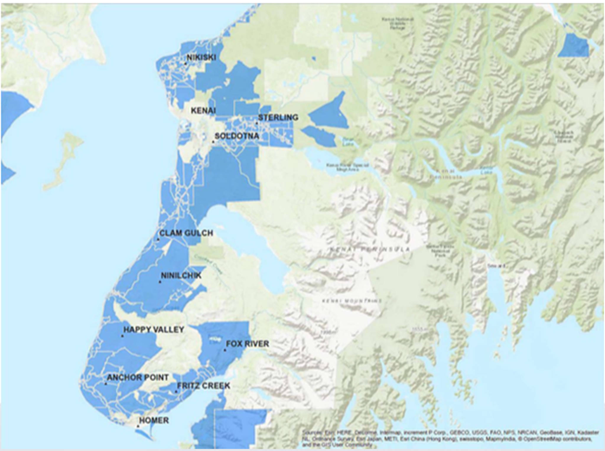 This map, taken from Alaska Communications’ presentation to the Kenai Peninsula Borough Assembly on Tuesday, Aug. 15, 2017, shows the areas eligible for broadband expansion with the funding Alaska Communications received from the Federal Communications Commission. The company plans to expand its broadband internet services on the Kenai Peninsula in stages from 2018&