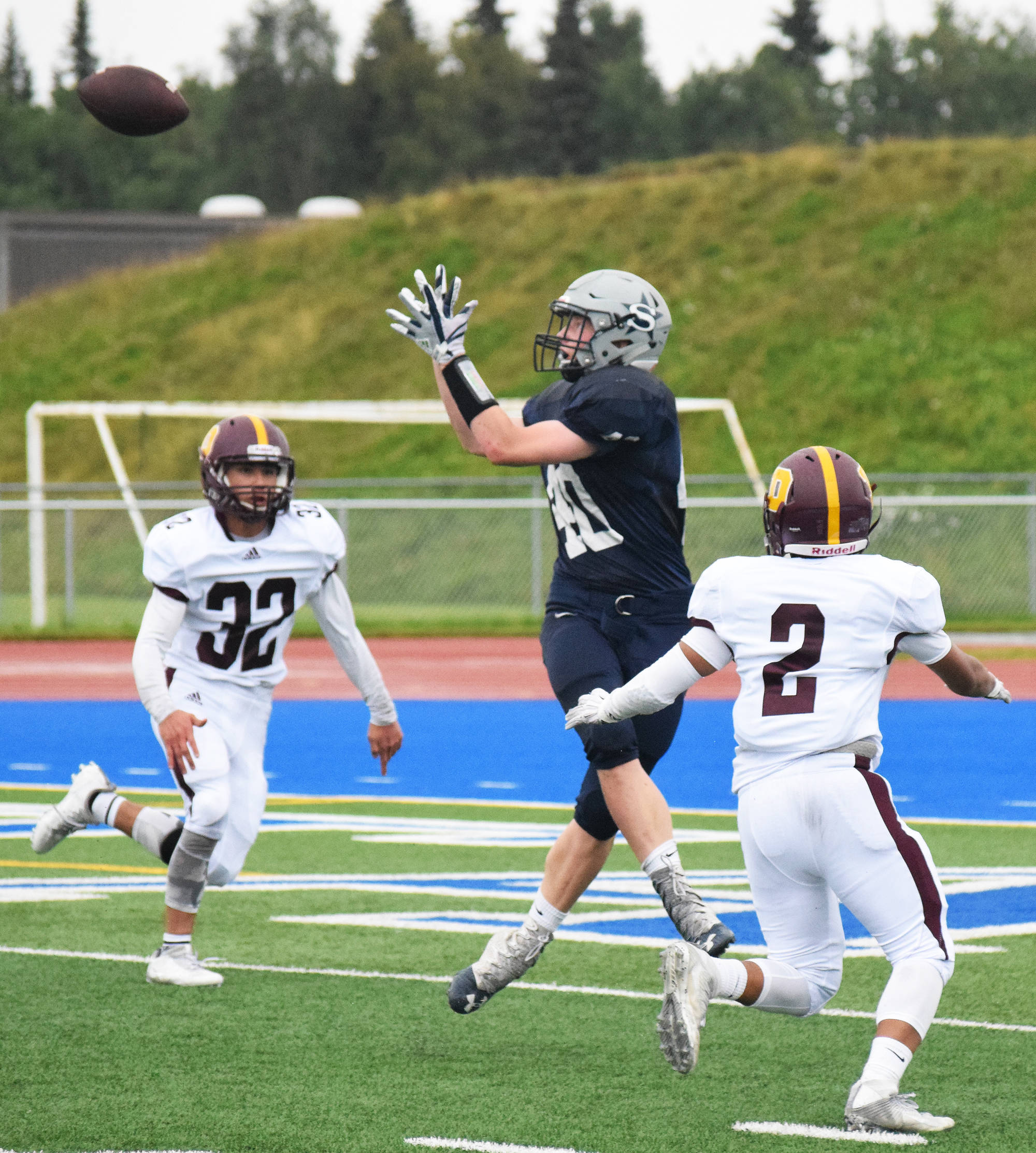 Soldotna tight end Galen Brantley III hauls in a touchdown pass Friday night against Dimond at Justin Maile Field in Soldotna. (Photo by Joey Klecka/Peninsula Clarion)