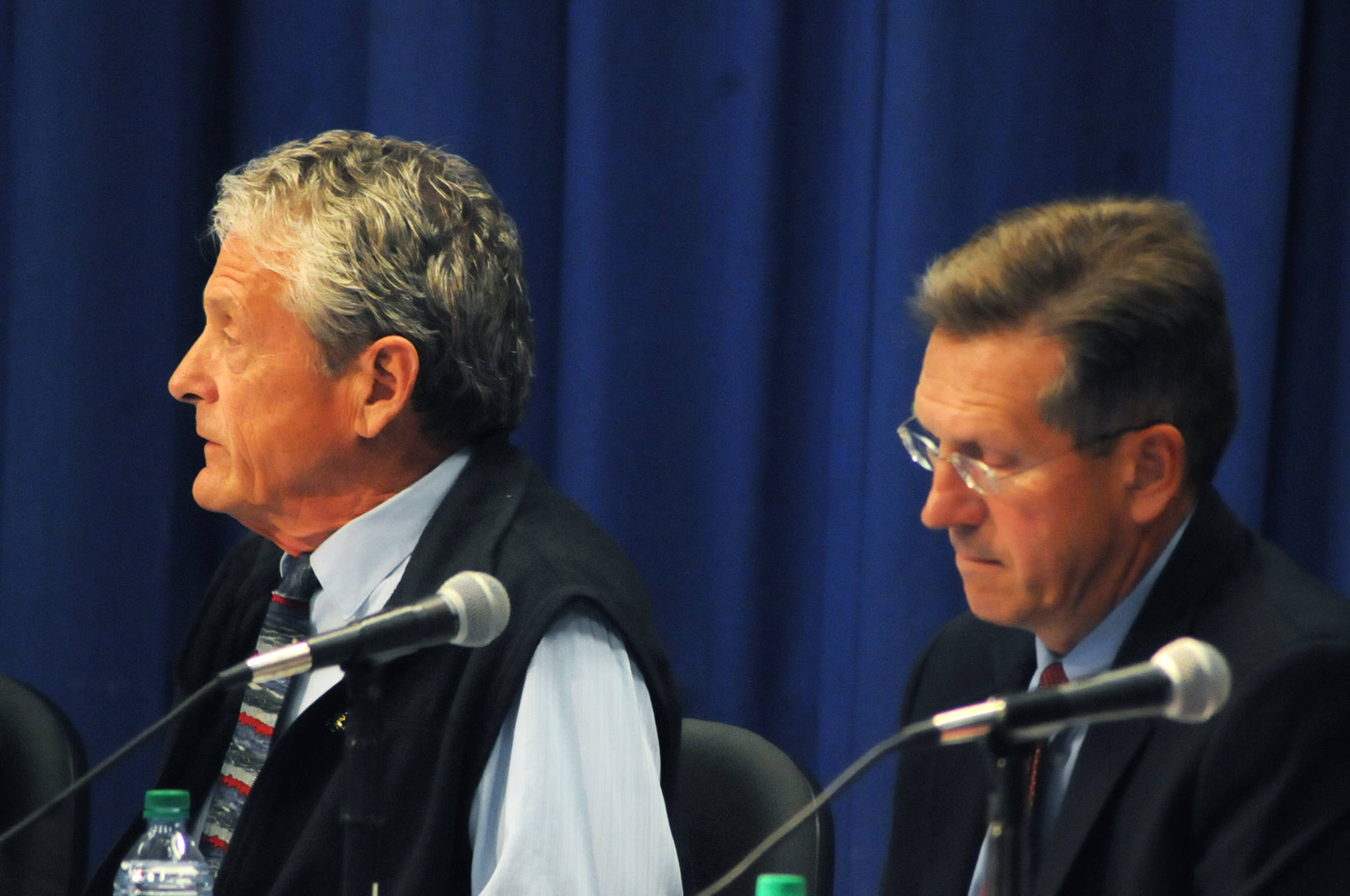 Alaska Department of Fish and Game Commissioner Sam Cotten (left) and Board of Fisheries member Reed Morisky (right) testify during a Senate Committee on Commerce, Science and Transportation field hearing on the reauthorization of the Magnuson-Stevens Fishery Conservation and Management Act, hosted by Sen. Dan Sullivan (R-Alaska), on Wednesday, Aug. 23, 2017 in Soldotna, Alaska. (Photo by Elizabeth Earl/Peninsula Clarion)