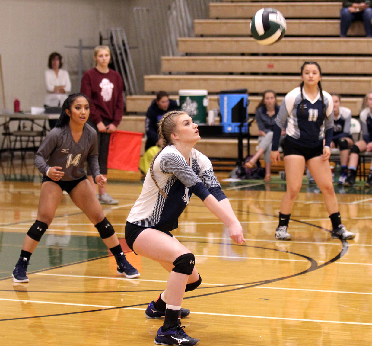 Soldotna junior Kodi McGillivray receives a serve during a 3-0 loss to Colony on Thursday, Aug. 24, 2017, at Colony High School. (Photo by Jeremiah Bartz/Frontiersman)