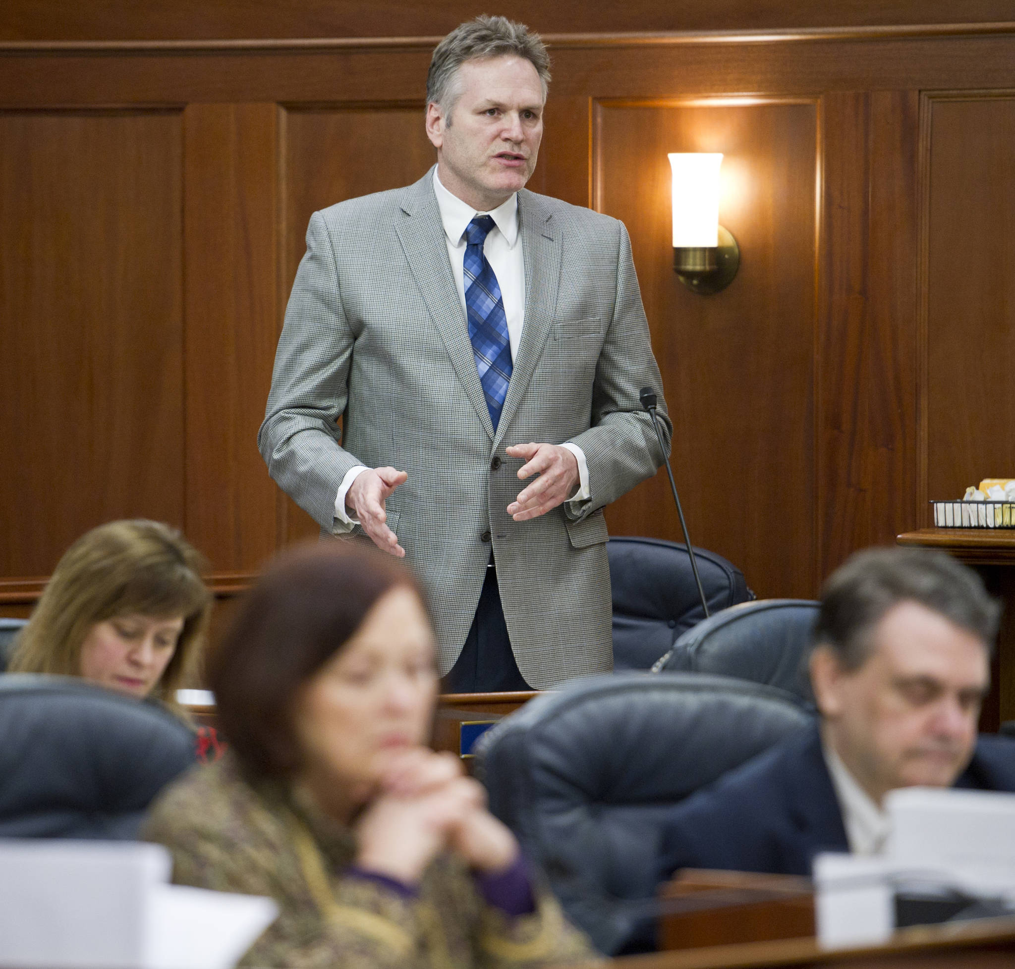In this February 2016 photo, Sen. Mike Dunleavy, R-Wasilla, speaks in support of his bill, SB 89, that would prohibit a school district from contracting with an abortion services provider or allowing them to furnish course materials or instruction concerning sexuality or sexually transmitted diseases. The bill passed on a 11-7 vote. (Michael Penn | Juneau Empire File)