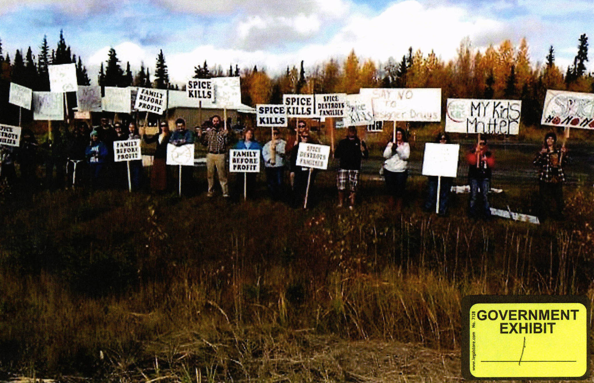 This October 2015 photo provided by the U.S. Department of Justice shows a protest staged in front of Tobacco Distress, a Soldotna-area store then allegedly selling the synthetic cannabis drug Spice near Soldotna, Alaska. Tobacco Distress owner Phillip Kneeland was sentenced to 70 months in prison Friday for selling the drug, which caused a number of people on the Kenai Peninsula to be taken to the hospital after taking it. (Photo courtesy the U.S. Department of Justice)