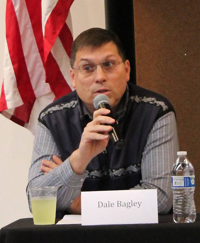 Dale Bagley speaks during a forum for borough mayoral candidates Wednesday at a joint meeting of the Kenai and Soldotna Chambers of Commerce at the Kenai Visitors Center. (Photo by Will Morrow/Peninsula Clarion)
