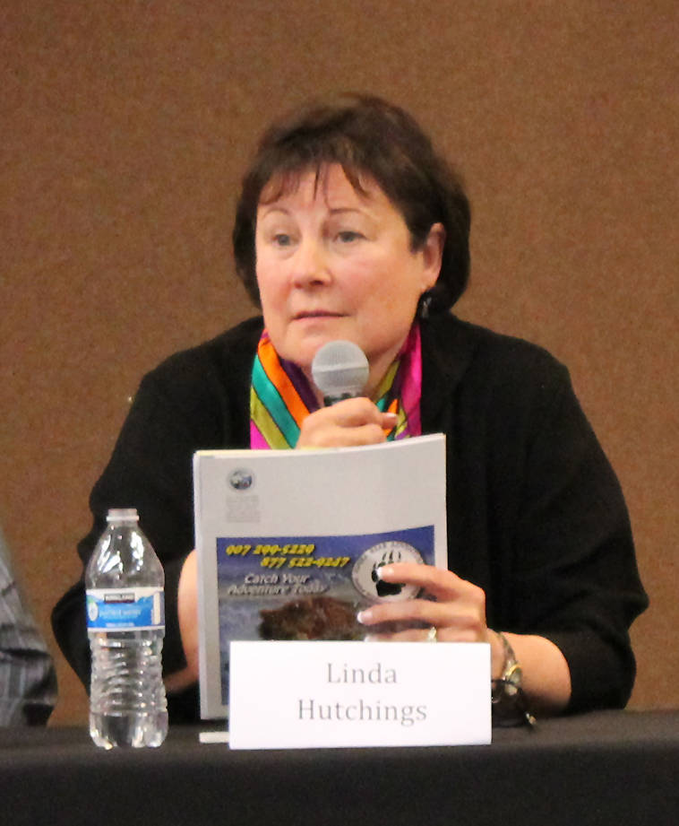 Linda Hutchings speaks during a forum for borough mayoral candidates Wednesday at a joint meeting of the Kenai and Soldotna Chambers of Commerce at the Kenai Visitors Center. (Photo by Will Morrow/Peninsula Clarion)
