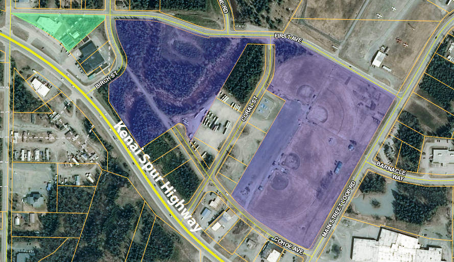 This map, taken from the Kenai Peninsula Borough’s parcel viewer, shades in green the property where Ron and Deniece Isaacs were denied a permit for their marijuana business in 2016, and shades in blue the recreational property containing the softball fields that created a 500 foot buffer, measured in a straight line from the property boundary, which excluded the Isaacs’ shop. The odd shape of the buffered property prompted an unsucessful attempt by council member Bob Molloy to loosen city restrictions on proposed marijuana businesses more than 200 feet and across a road from properties that trigger setbacks. (map by Ben Boettger/Peninsula Clarion)