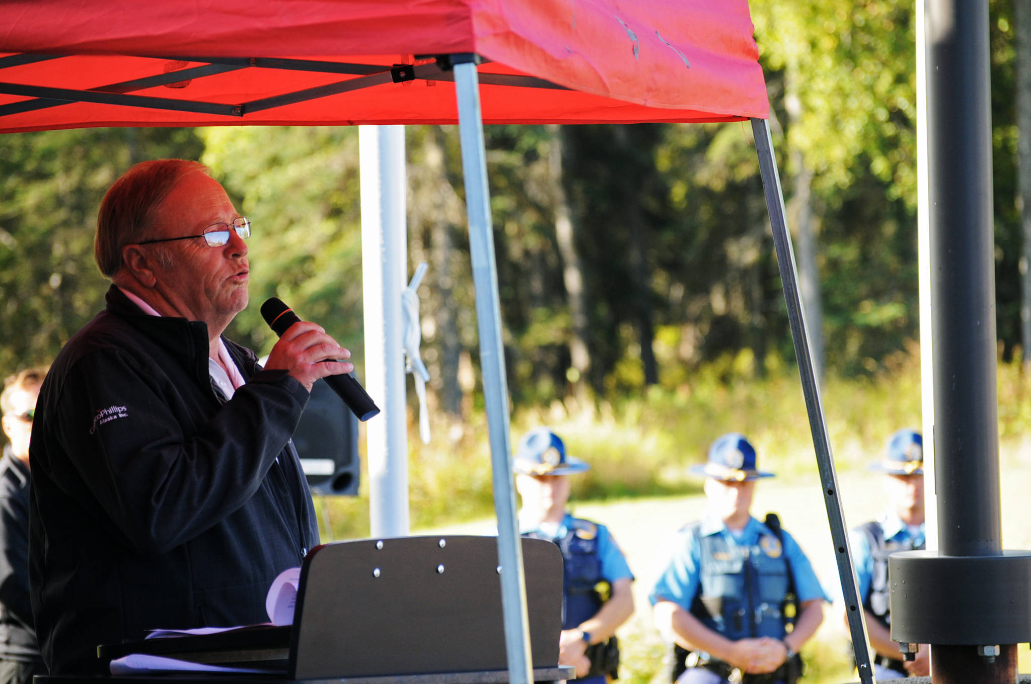 In this Sept. 9, 2016 photo, Rep. Mike Chenault (R-Nikiski) speaks at a flagpole dedication ceremony at the Nikiski Senior Center in Nikiski, Alaska. Chenault filed a letter of intent Tuesday to seek office in October 2018 and said he was gauging statewide support for a run for governor. (Photo by Elizabeth Earl/Peninsula Clarion, file)