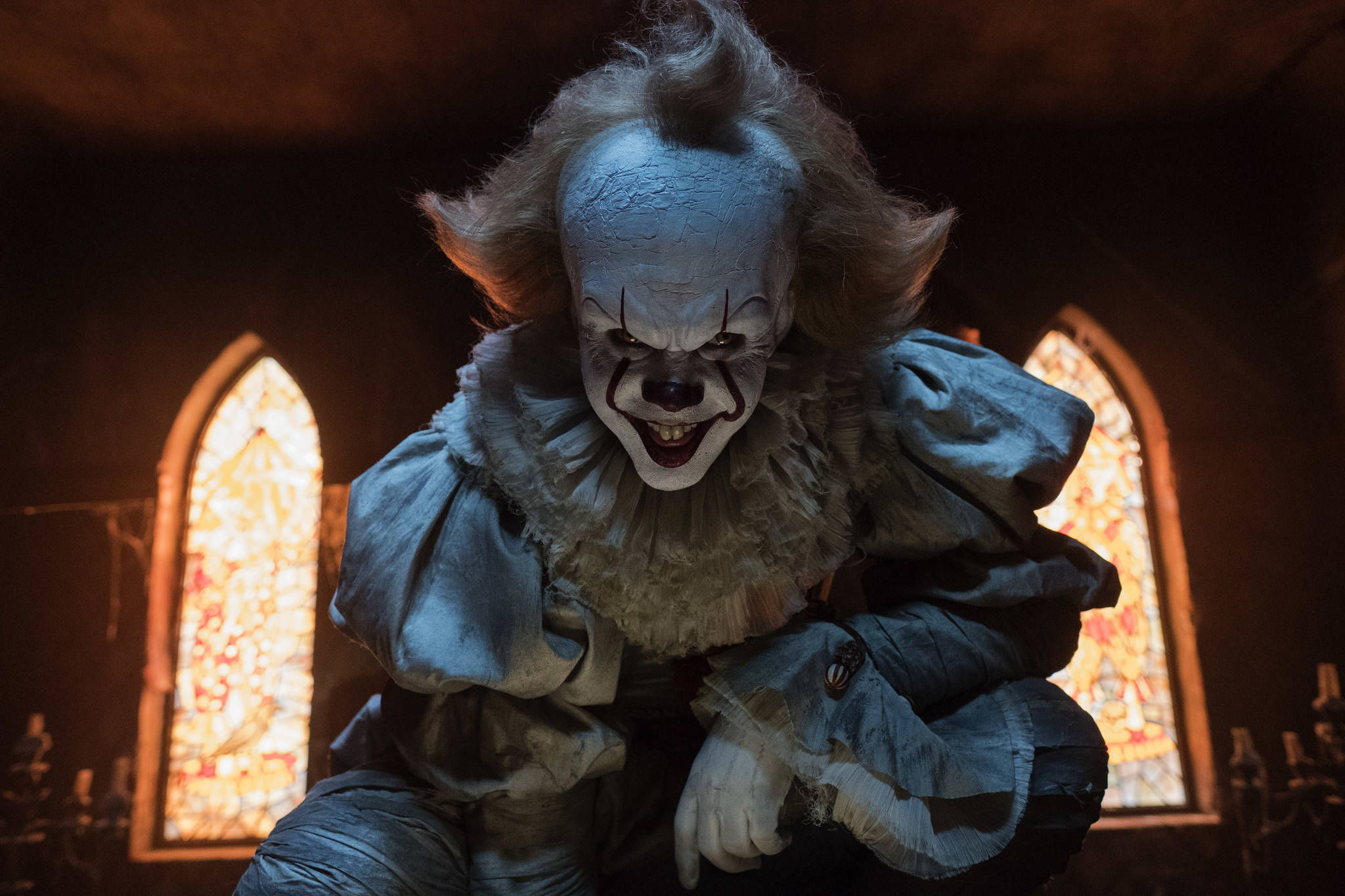 This image released by Warner Bros. Pictures shows Bill Skarsgard in a scene from “It.” (Brooke Palmer/Warner Bros. Pictures via AP)