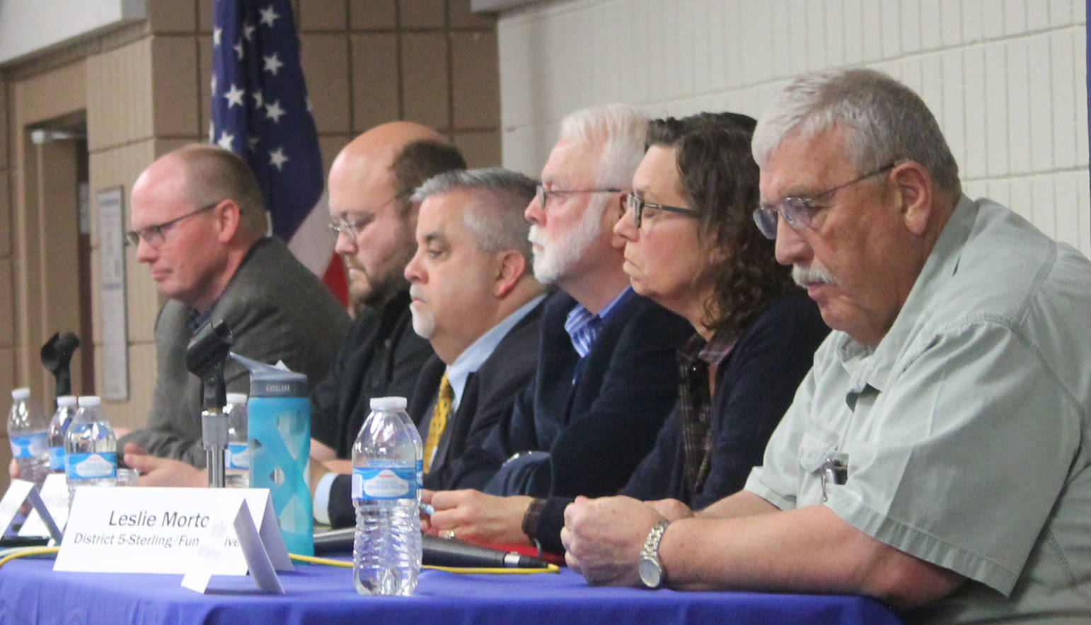 Candidates for Kenai Peninsula Borough Assembly, from left, Brent Hibbert (District 1), Dan Castimore (District 1), Duane Bannock (District 2), Hall Smalley (District 2), Leslie Morton (District 5), and Norm Blakeley (District 5)participate in a candidate forum during a joint meeting of the Kenai and Soldotna Chambers of Commerce at the Soldotna Regional Sports Complex Wednesday. (Photo by Will Morrow/Peninsula Clarion)
