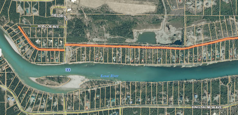 Betty Lou Drive is shown in this screenshot taken from the Kenai Peninsula Borough’s online parcel viewer. The land owners on the road west of Fields Road recently petitioned the borough to ask them to stop maintaining the road because they wanted to avoid an upgrade construction project they said would “change the character” of their neighborhood. (Image courtesy Kenai Peninsula Borough)