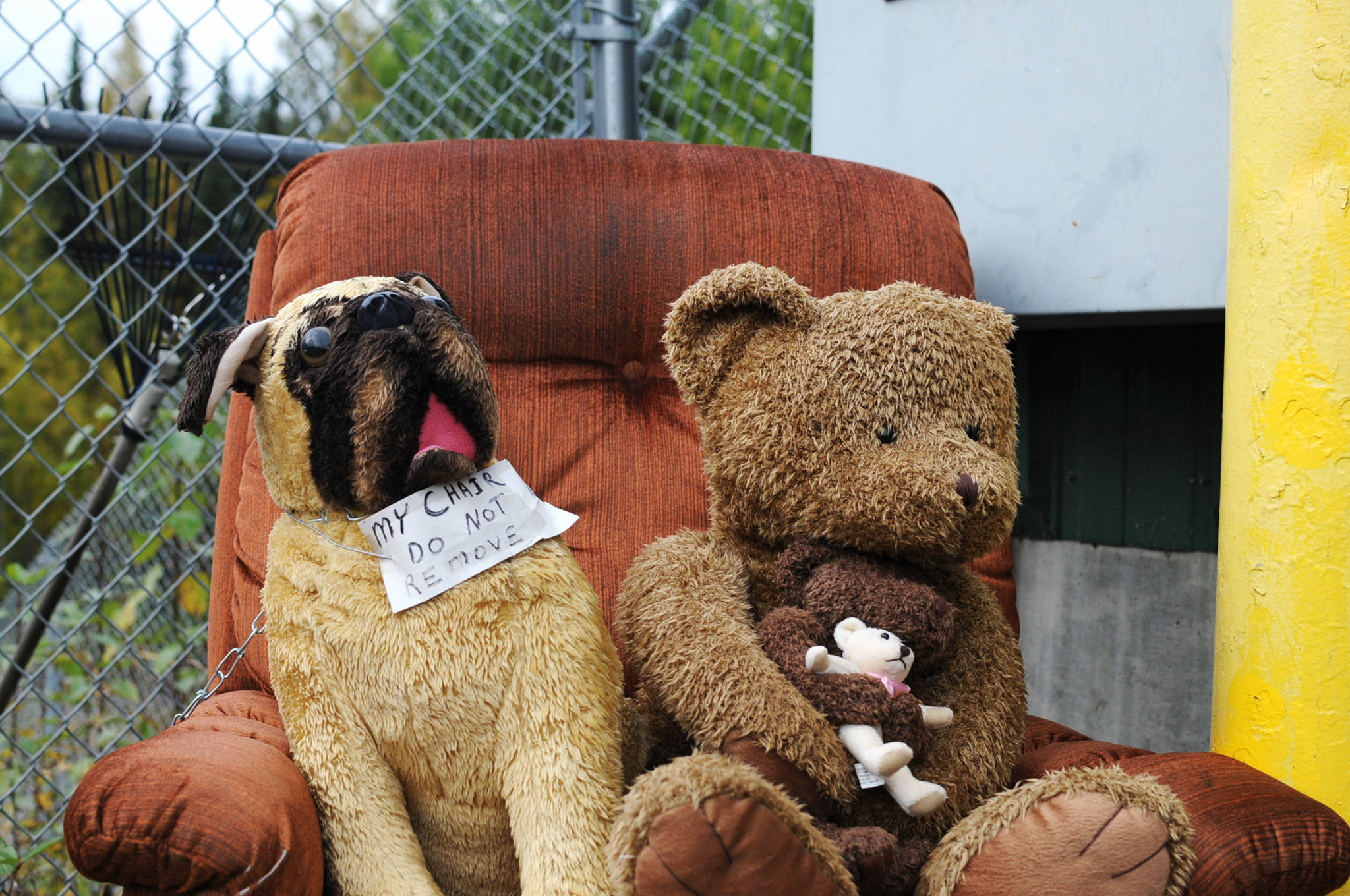 A stuffed dog and two teddy bears lounge on an armchair near the dropoff point for solid waste at the Sterling Transfer Site on Saturday, Sept. 16, 2017 near Sterling, Alaska. The attendants at the transfer site, where trash is picked up and taken to Central Peninsula Landfill, rescue stuffed animals from the trash and giving them new life in the “Sterling Zoo,” where they rest in the bushes and trees surrouding the transfer site to greet visitors throughout the summer. They go into “hibernation” in the winter, resting on a shelf to stay dry before reappearing the following summer. (Photo by Elizabeth Earl/Peninsula Clarion)