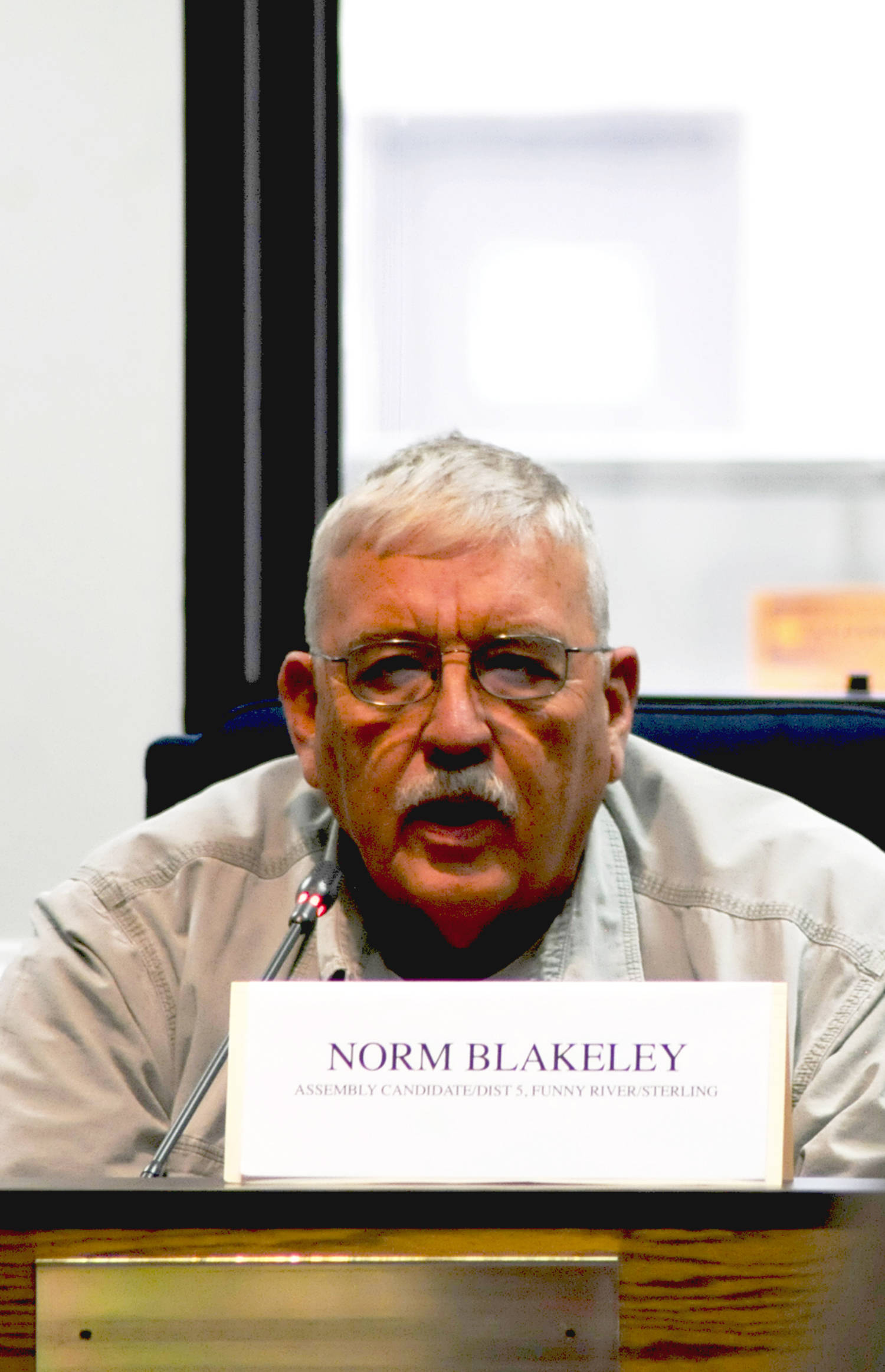 Norm Blakeley of Sterling, a candidate for the District 5 seat on the Kenai Peninsula Borough Assembly, speaks during a forum hosted by the Central Peninsula League of Women Voters at the Kenai Peninsula Borough Assembly chambers Wednesday, Sept. 13, 2017 in Soldotna, Alaska. (Photo by Elizabeth Earl/Peninsula Clarion)