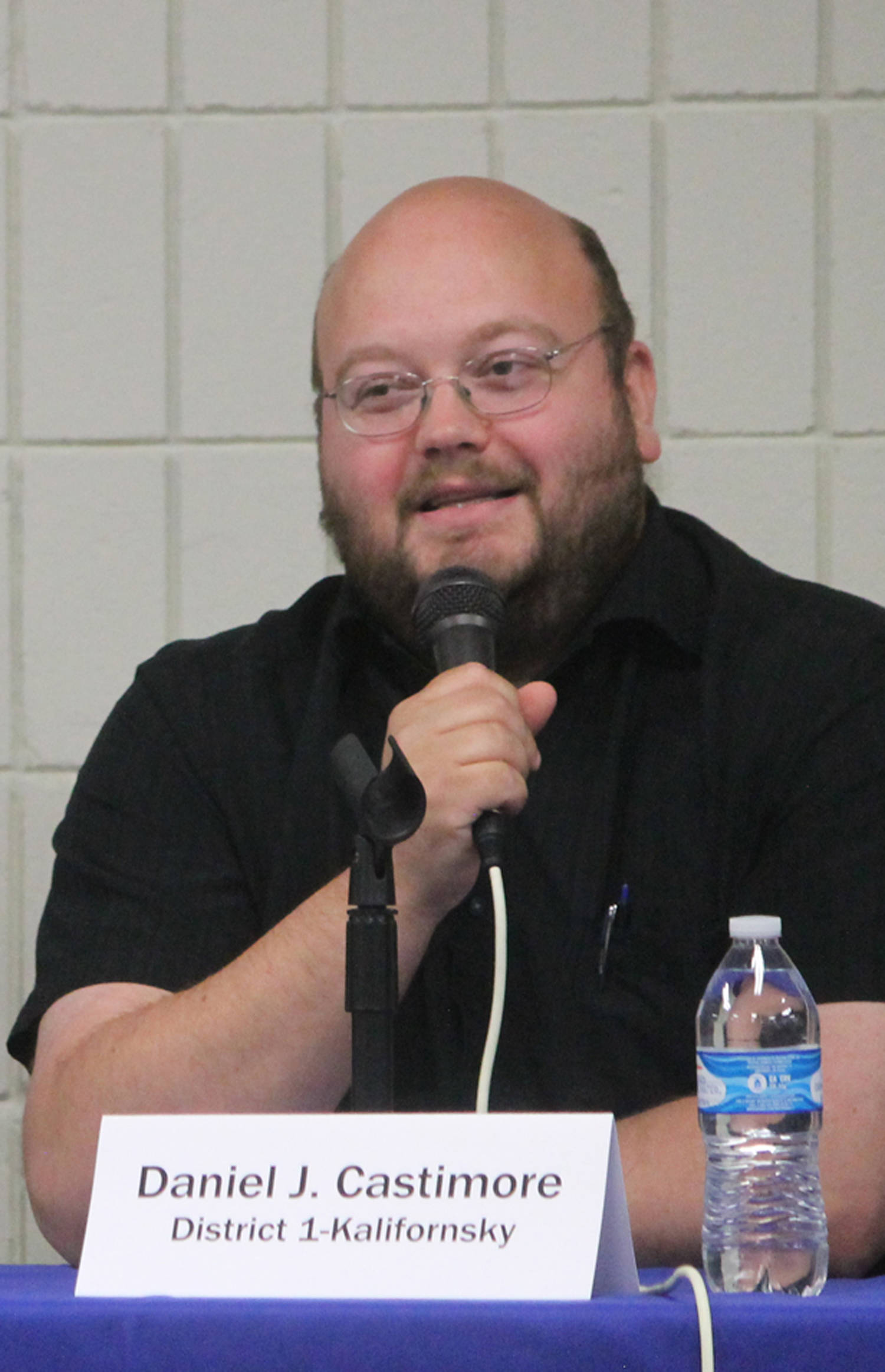 Dan Castimore answers a question during a forum for Kenai Peninsula Borough Assembly candidates Wednesday at a joint meeting of the Kenai and Soldotna Chambers of Commerce on Wednesday, Sept. 13, 2017 in Soldotna, Alaska. Castimore is running for the District 1-Kalifornsky seat. (Photo by Will Morrow/Peninsula Clarion)