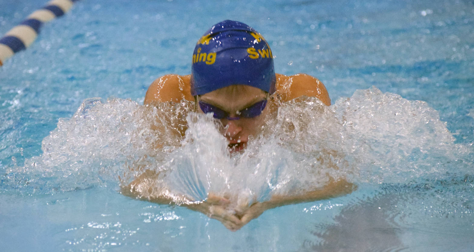 Kodiak’s Talon Lindquist competes in the 50-yard breaststroke Friday, Sept. 22, 2017, at the Soldotna Pentathlon at Soldotna High School. (Photo by Jeff Helminiak/Peninsula Clarion)