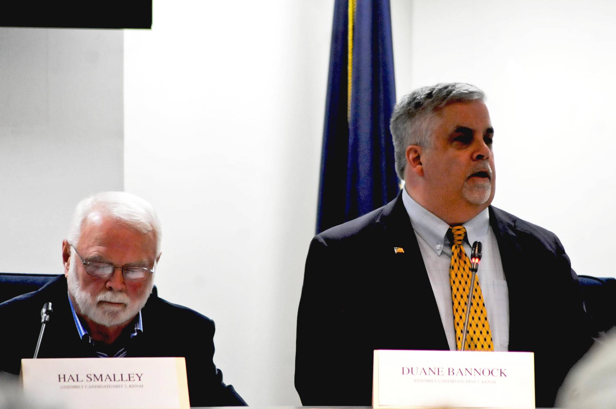 Duane Bannock (right), a candidate for the District 2 seat on the Kenai Peninsula Borough Assembly, answers a question during a forum hosted by the Central Peninsula League of Women Voters as fellow candidate Hal Smalley listens Sept. 13, 2017 in Soldotna, Alaska. (Photo by Elizabeth Earl/Peninsula Clarion)