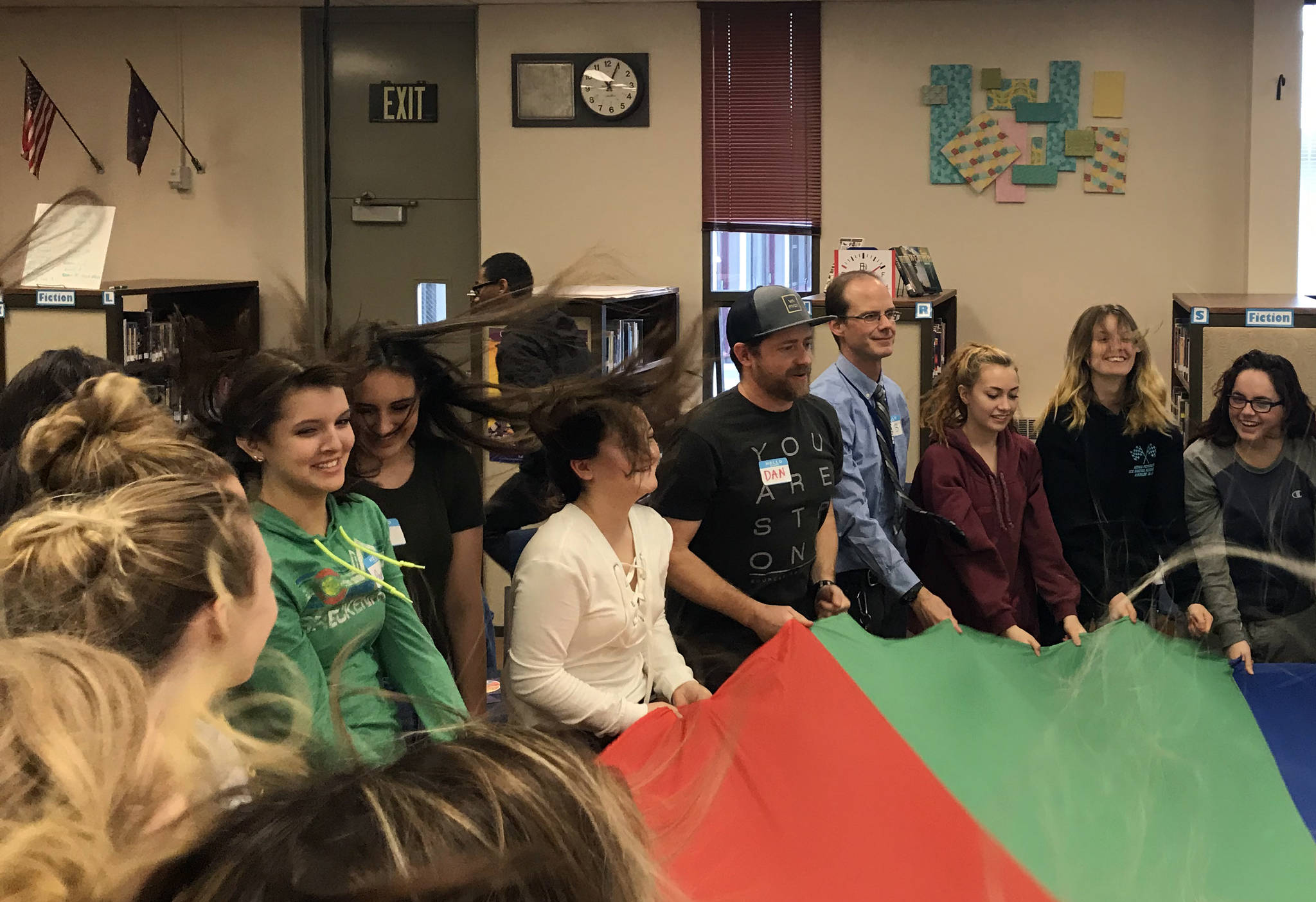 Students from across the district participate in games during a Sources of Strength training program at Soldotna Prep School in Soldotna, Alaska on Tuesday, Oct. 10, 2017. Games, lessons and discussions are combined by Sources of Strength, a Colorado-based youth suicide prevention project, to harness the power of peer social networks. (Photo by Kat Sorensen/Peninsula Clarion)