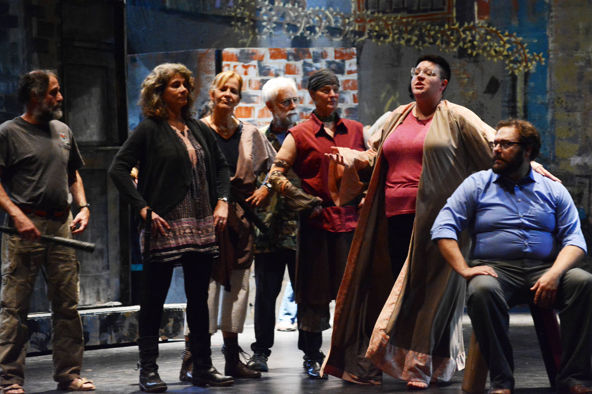 Carolyn Norton, second from right, as King Herod, performs “King Herod’s Song” as Kyle Schneirder, right, as Jesus, watches during rehearsals last Friday for “Jesus Christ Superstar.” The musical opens 7:30 p.m. Oct. 6 at the Mariner Theatre in Homer, Alaska. (Photo by Michael Armstrong, Homer News)