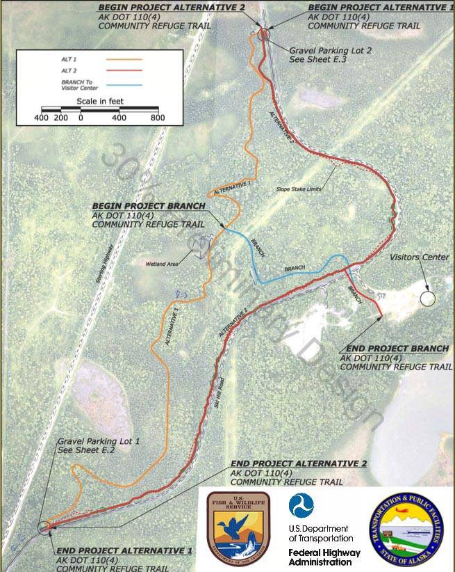 This map produced by the Federal Highway Administration shows the first drafts of ideas for a trail along Ski Hill Road near the Kenai National Wildlife Refuge Visitor’s Center and headquarters. The Federal Highway Administration, which is working with the refuge on the trail design, is looking for public input on how residents would like the trail to be designed. (Courtesy the Federal Highway Administration)