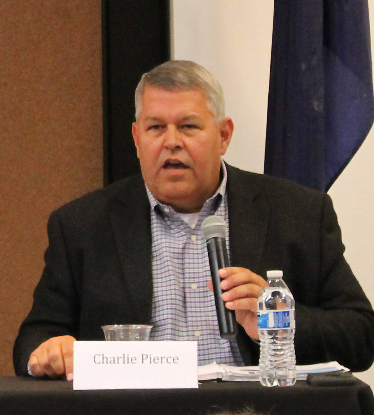 Charlie Pierce speaks during a forum for borough mayoral candidates Wednesday at a joint meeting of the Kenai and Soldotna Chambers of Commerce at the Kenai Visitors Center. (Photo by Will Morrow/Peninsula Clarion)