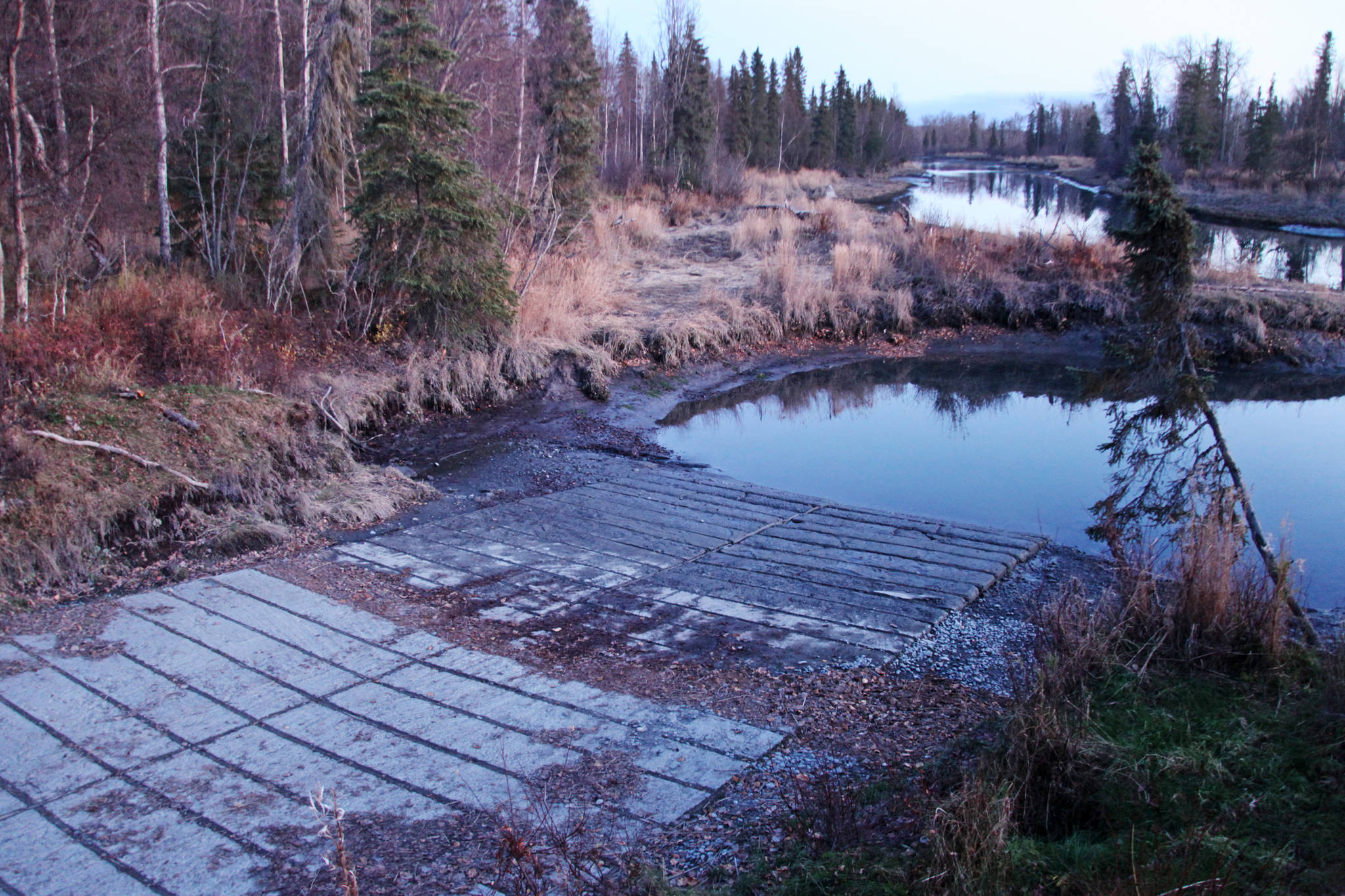 The Alaska Division of Parks and Outdoor Recreation is planning to widen the launch ramp at the state-owned Eagle Rock boat launch, seen here on Monday Oct. 16, 2017 in Kenai, Alaska. Work at the site — which also includes dredging the area around the ramp and adding a floating dock and barriers to protect the surrounding wetland — will take place during the winter and next spring. (Ben Boettger/Peninsula Clarion)