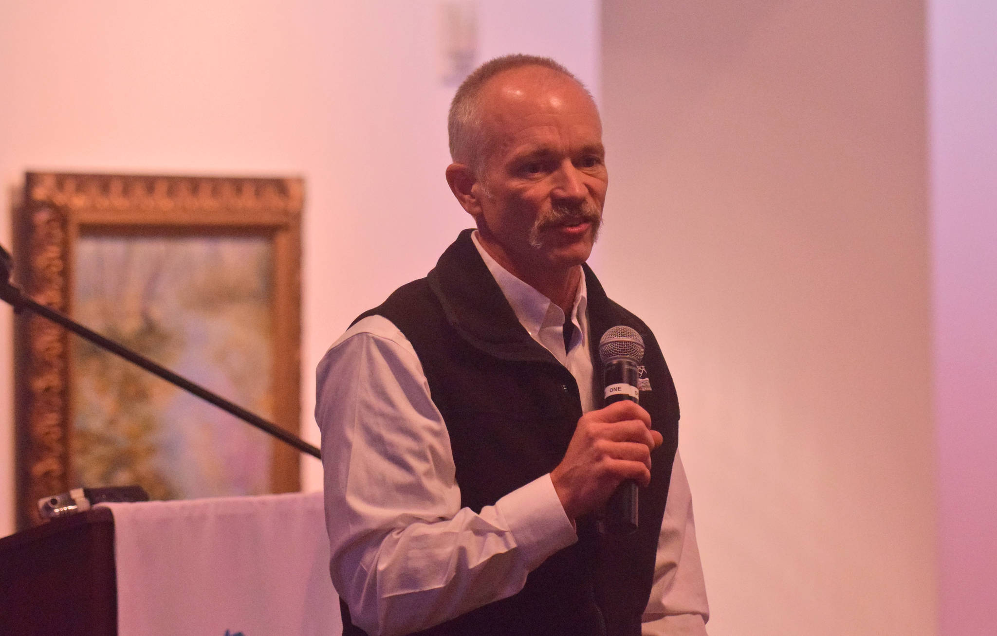 Homer Electric Association General Manager Brad Janorschke gives an update on the utility cooperative’s renewable energy projects on Wednesday, Oct. 18, 2017 at the Kenai Chamber of Commerce and Visitors Center in Kenai, Alaska. (Ben Boettger/Peninsula Clarion)