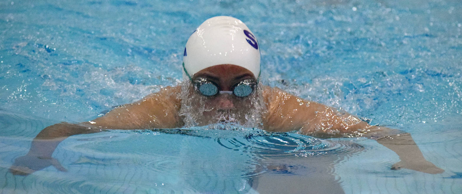 Soldotna’s Portia Padilla swims the 50-yard breaststroke at the Soldotna Pentathlon on Sept. 22, 2017, at Soldotna High School. (Photo by Jeff Helminiak/Peninsula Clarion)