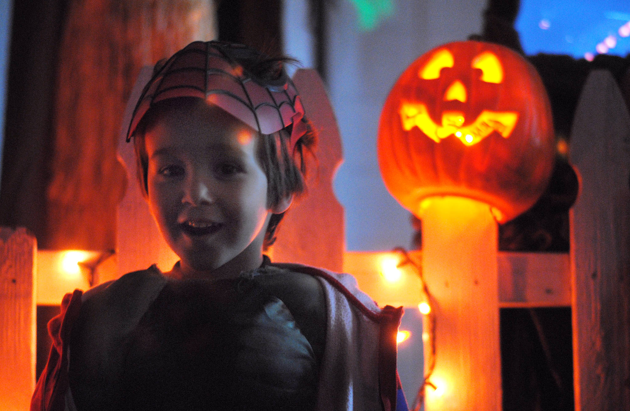 Drayden Spooner explores the Literary Haunted House at the Kenai Community Library in Kenai, Alaska on Saturday, October 28, 2017. Spooner donned a Spider-Man and Hulk outfit while visiting the haunted house, which takes children through the classic scary stories, without being too spooky. The haunted house runs through Tuesday. It is open Sunday from 2 to 4 p.m., Monday from 4 to 6 p.m. and Tuesday fro 11 a.m. to noon and again from 4 to 6 p.m. (Photo by Kat Sorensen)