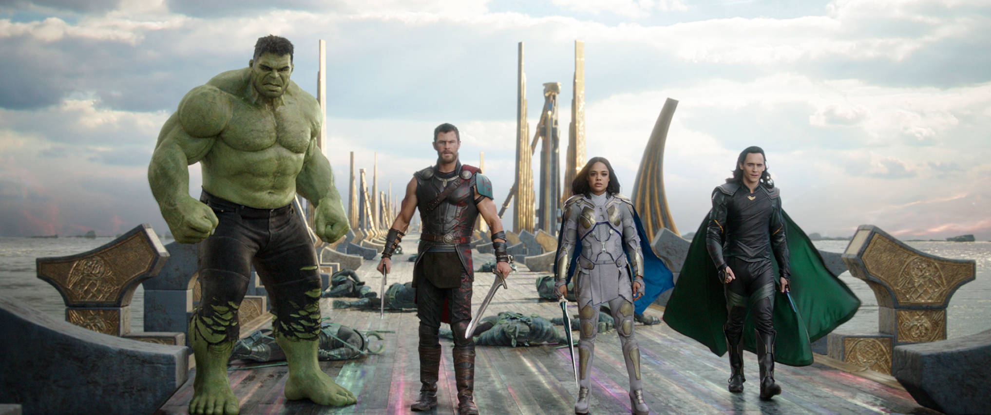 This image released by Marvel Studios shows the Hulk, from left, Chris Hemsworth as Thor, Tessa Thompson as Valkyrie and Tom Hiddleston as Loki in a scene from, “Thor: Ragnarok.” (Marvel Studios via AP)