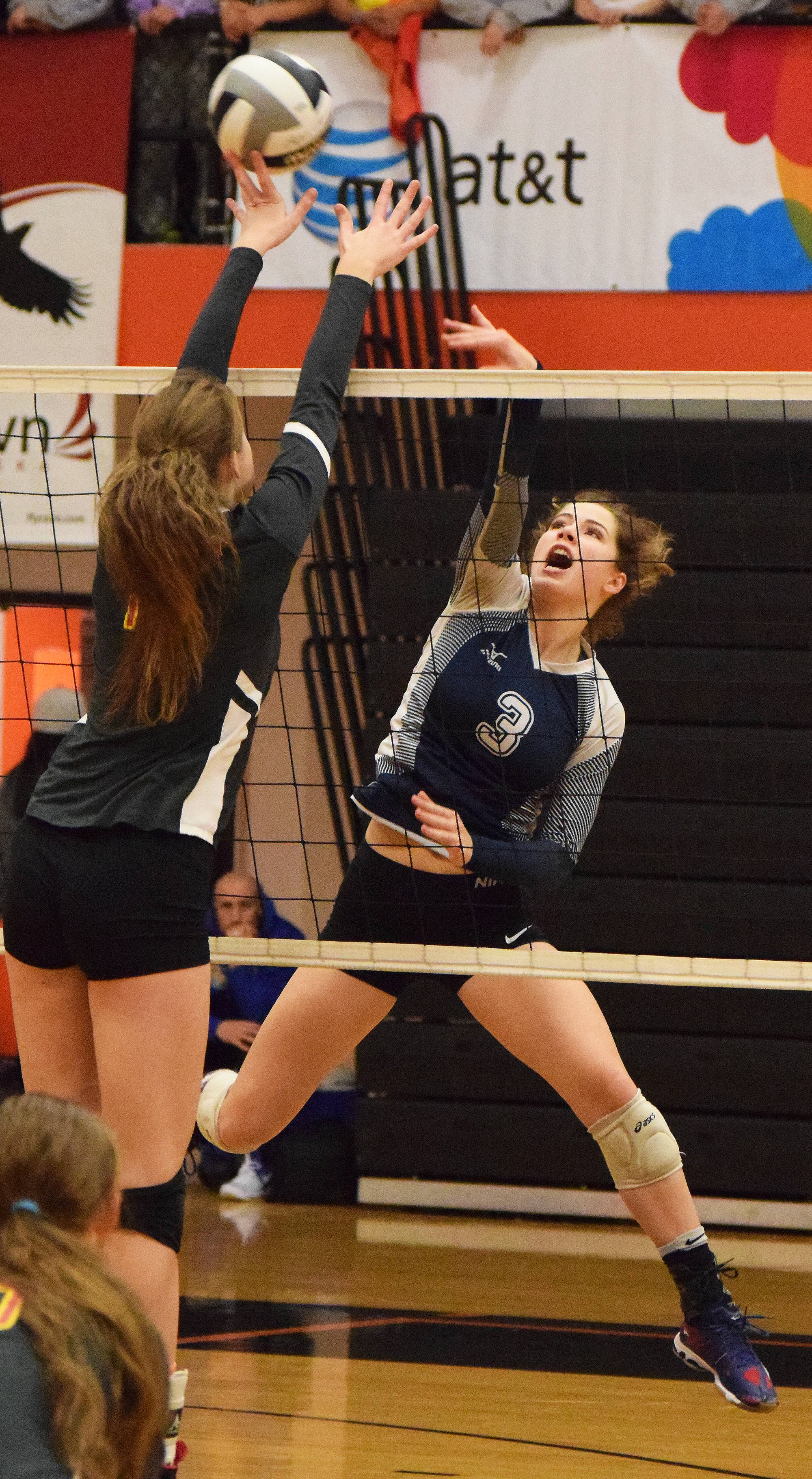 Soldotna senior Ella Stenga fires off a shot Friday against West Valley at the Class 4A state volleyball tournament at West High School. (Photo by Joey Klecka/Peninsula Clarion)