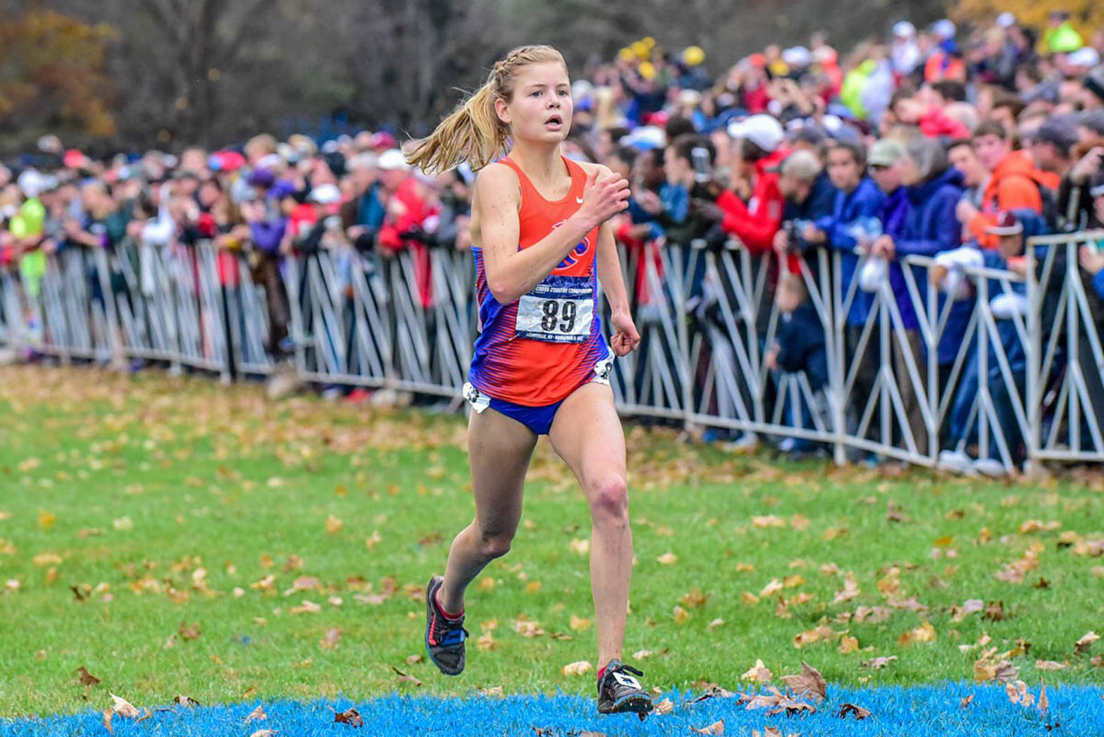 Boise State redshirt sophomore Allie Ostrander runs to fourth place at the NCAA cross-country championships Saturday, Nov. 18, 2017, in Louisville, Kentucky. (Photo provided by Michael Scott)