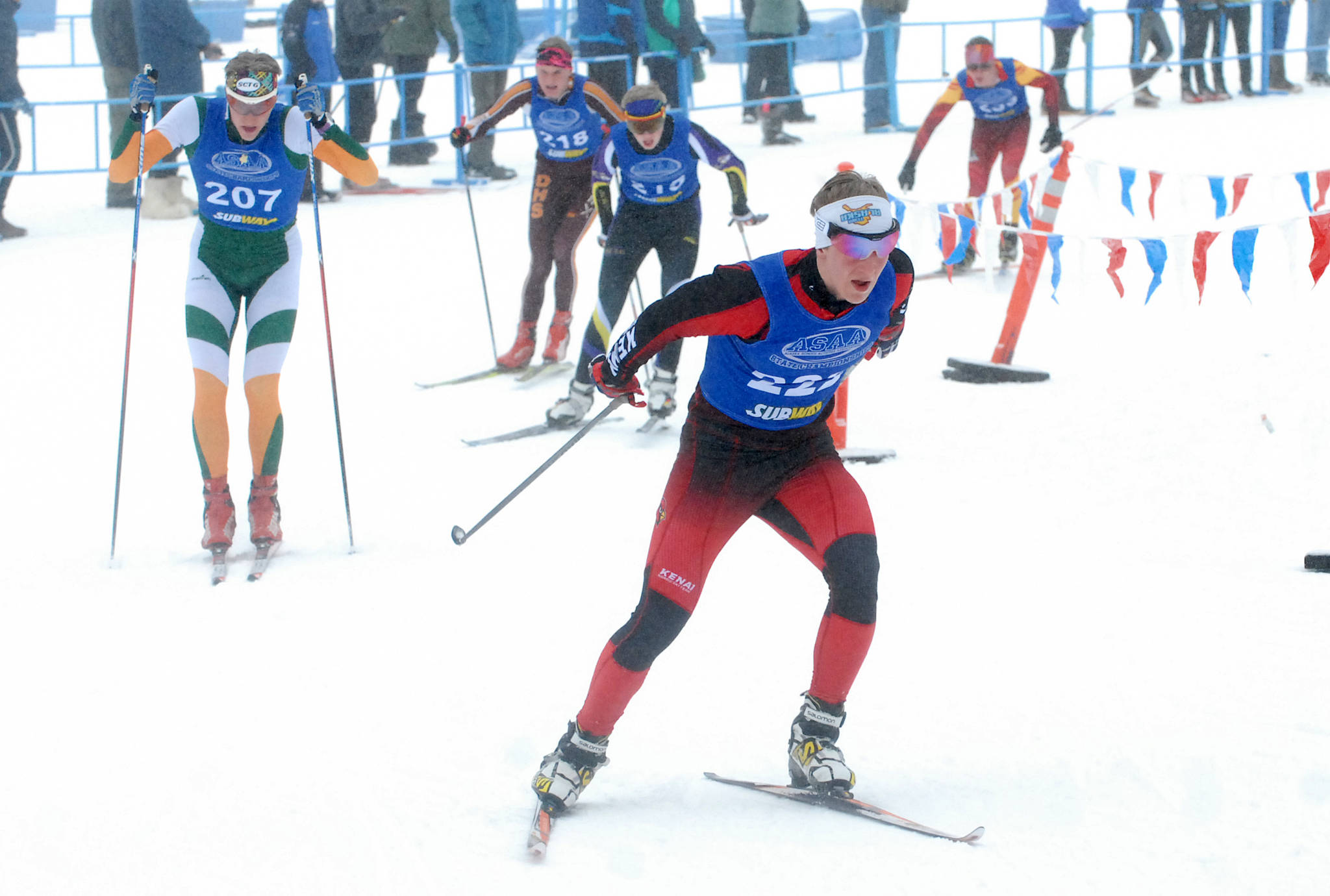 Kenai Central’s Karl Danielson races at the 2017 ASAA state nordic skiing championships Feb. 24 at Kincaid Park in Anchorage.