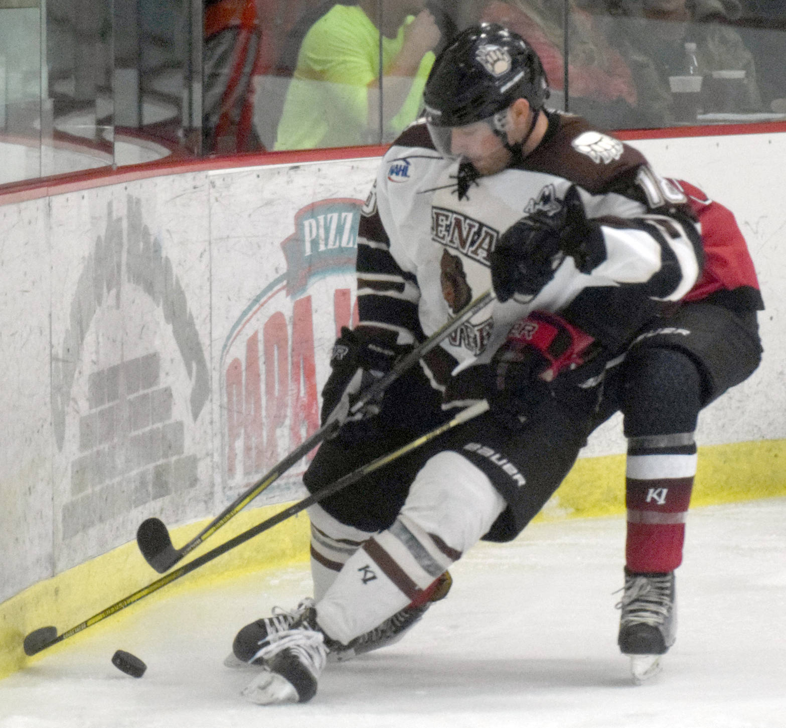 Kenai River Brown Bears forward Gil Garcia battles for the puck along the boards against the Minnesota Magicians on Oct. 26 at the Soldotna Regional Sports Complex. (Photo by Jeff Helminiak/Peninsula Clarion)