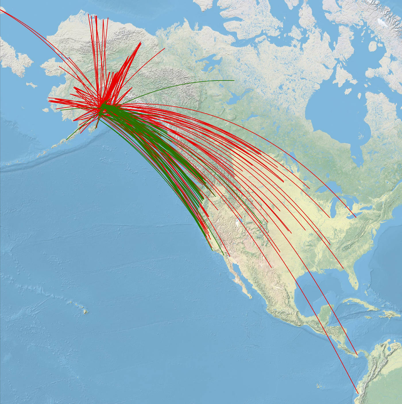 Records of migratory birds either banded on the Kenai Peninsula and recovered elsewhere (green) or banded elsewhere and recovered on the peninsula (red). Data from USGS Bird Banding Laboratory.