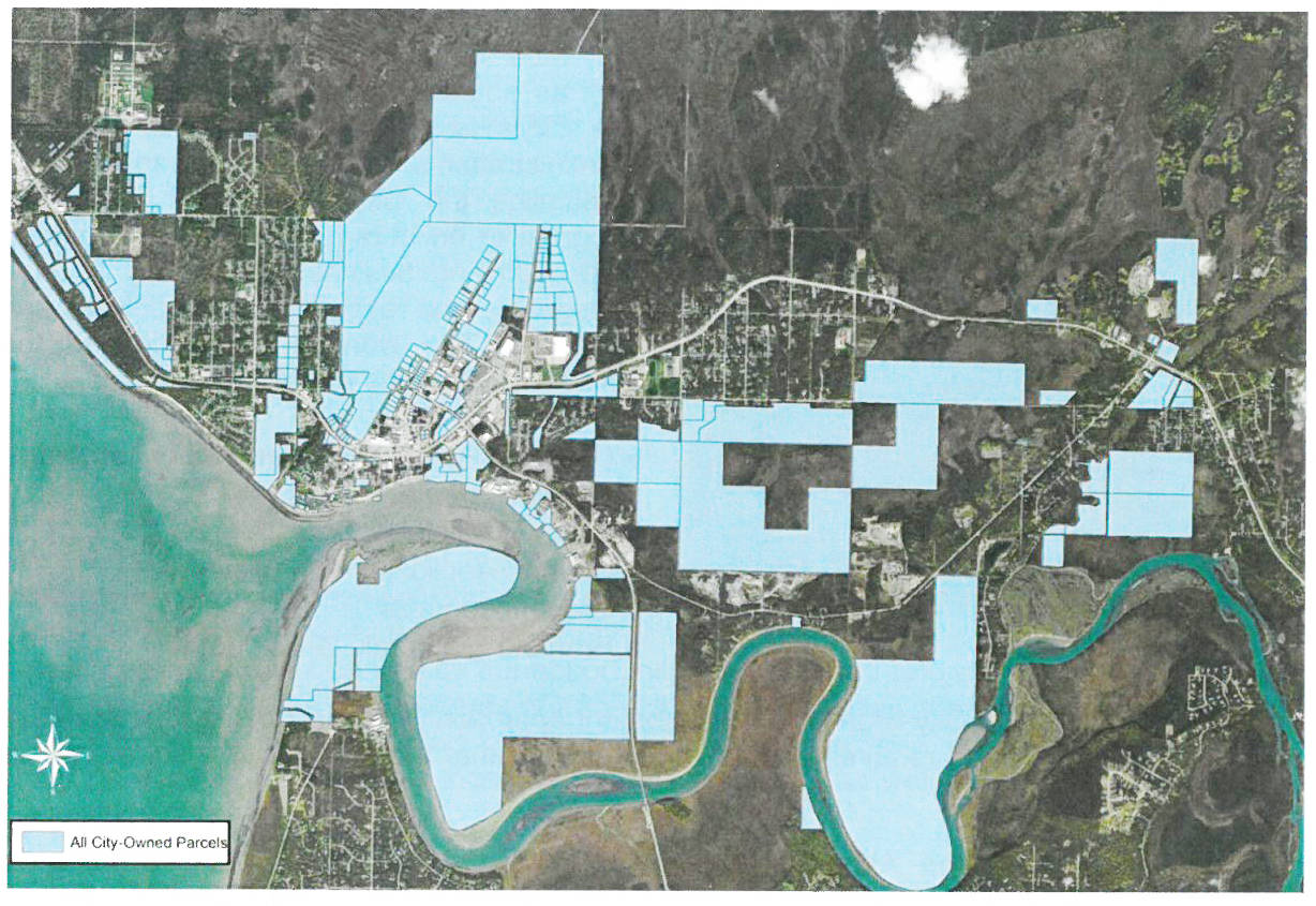 This map, included in a report presented at Kenai’s Nov. 29 worksession on land management, highlights in blue the 353 lots of land owned by Kenai’s city government - equal to about a third of the city’s area. Policy reforms proposed at the worksession may lead to a plan for selling unused city land.