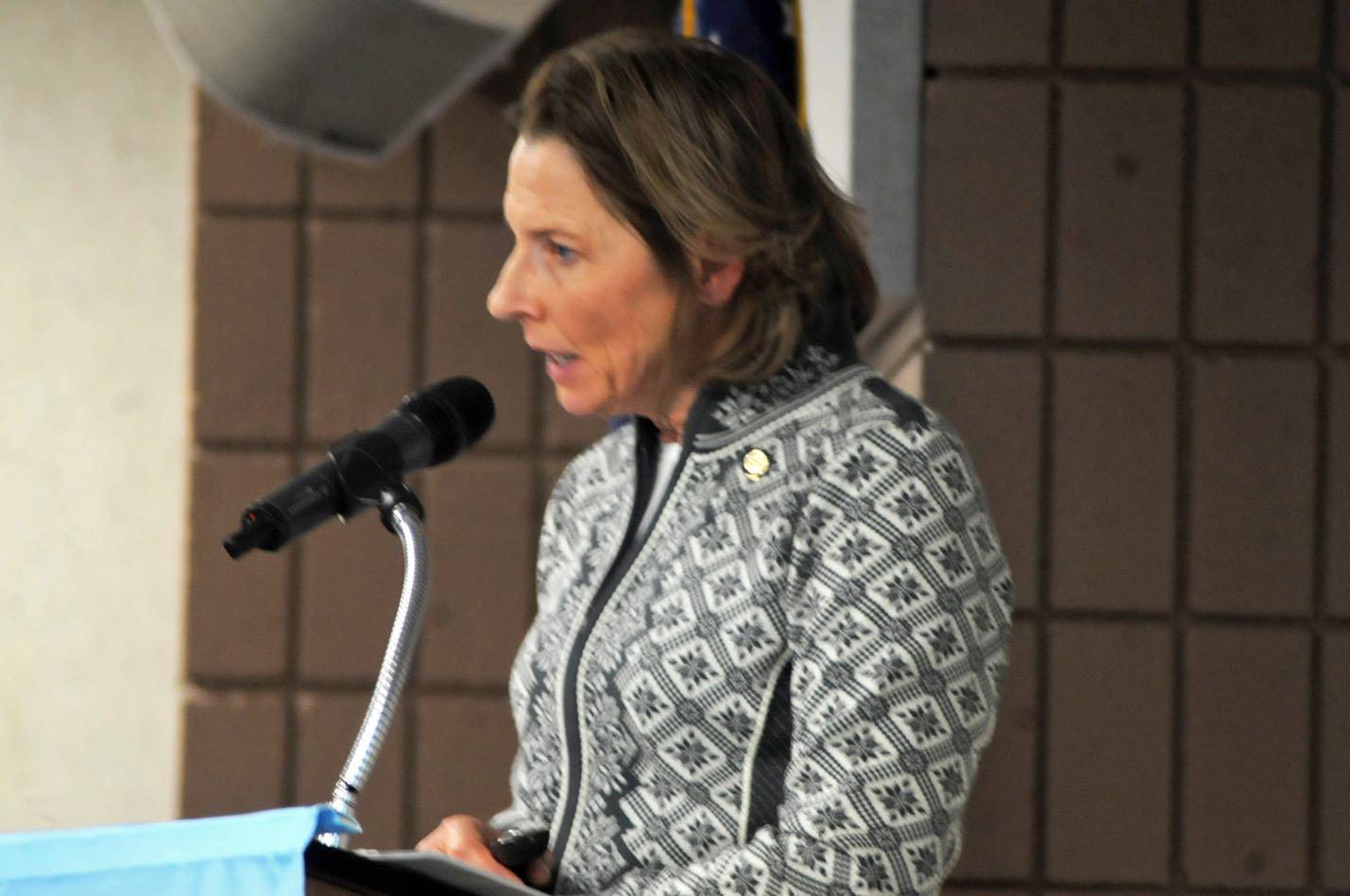 Sen. Cathy Giessel (R-Anchorage) speaks to the joint Kenai and Soldotna chambers of commerce at a luncheon Wednesday, Dec. 13, 2017 in Soldotna, Alaska. Giessel spoke about Senate Bill 112, a comprehensive workers’ compensation reform bill, which was introduced last session and will go before the Legislature again this upcoming January. (Photo by Elizabeth Earl/Peninsula Clarion)