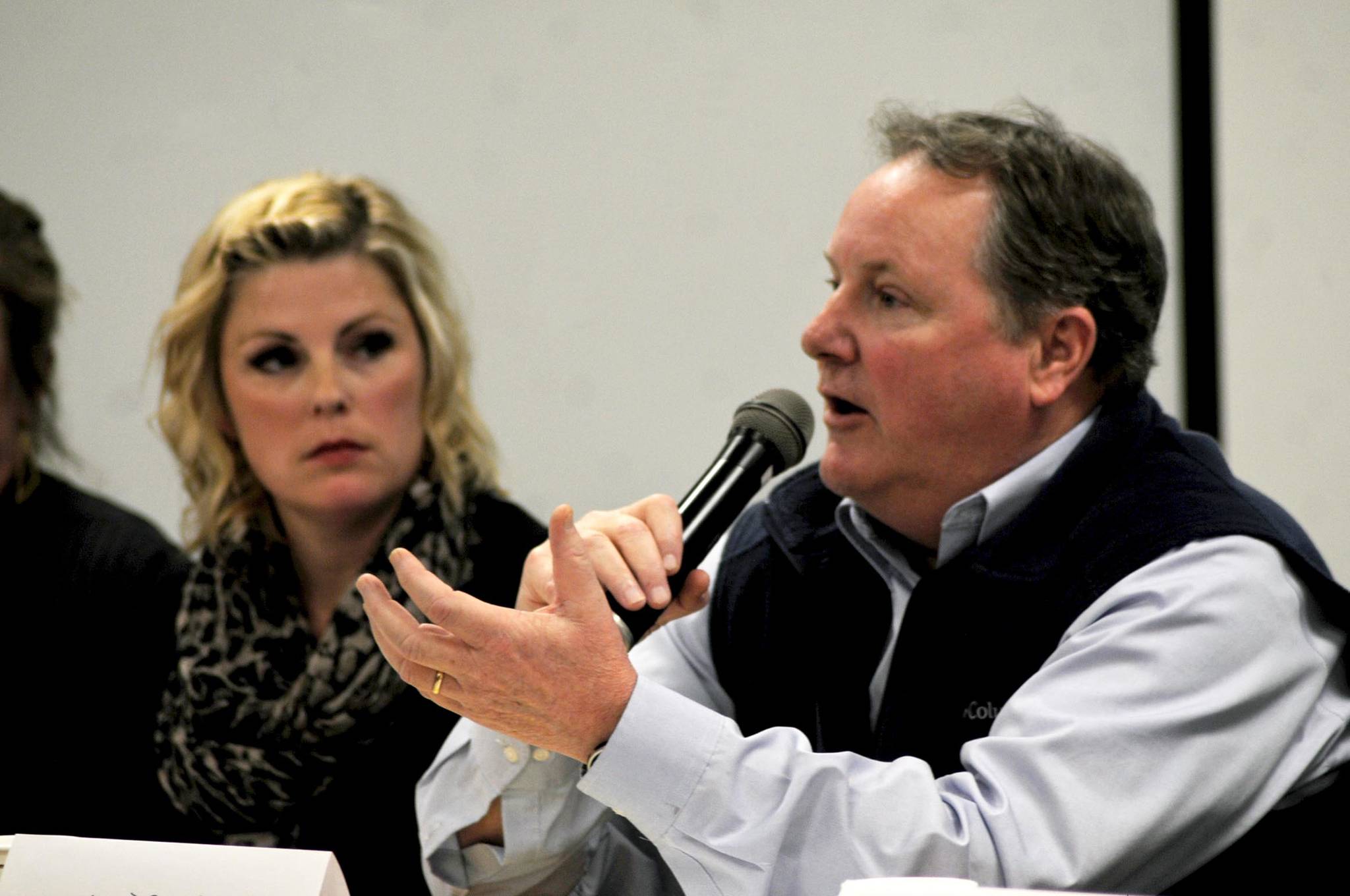 Jim Butler, a Kenai attorney and Cook Inlet commercial setnet fisherman, addresses a question during a forum on salmon habitat policy at Cook Inlet Aquaculture Association’s headquarters Thursday, Dec. 14, 2017 in Kenai, Alaska. A group of panelists discussed the merits of the current salmon habitat permitting process, contained within Title 16 of the Alaska Administrative Code, and a proposed ballot initiative that would significantly tighten restrictions on permitting for projects that impact salmon streams. (Photo by Elizabeth Earl/Peninsula Clarion)