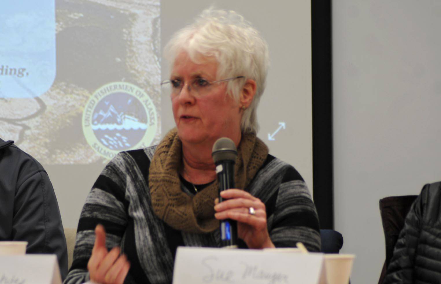 Rep. Louise Stutes, R-Kodiak, addresses a question during a forum on salmon habitat policy at Cook Inlet Aquaculture Association’s headquarters Thursday, Dec. 14, 2017 in Kenai, Alaska. A group of panelists discussed the merits of the current salmon habitat permitting process, contained within Title 16 of the Alaska Administrative Code, and a proposed ballot initiative that would significantly tighten restrictions on permitting for projects that impact salmon streams. (Photo by Elizabeth Earl/Peninsula Clarion)