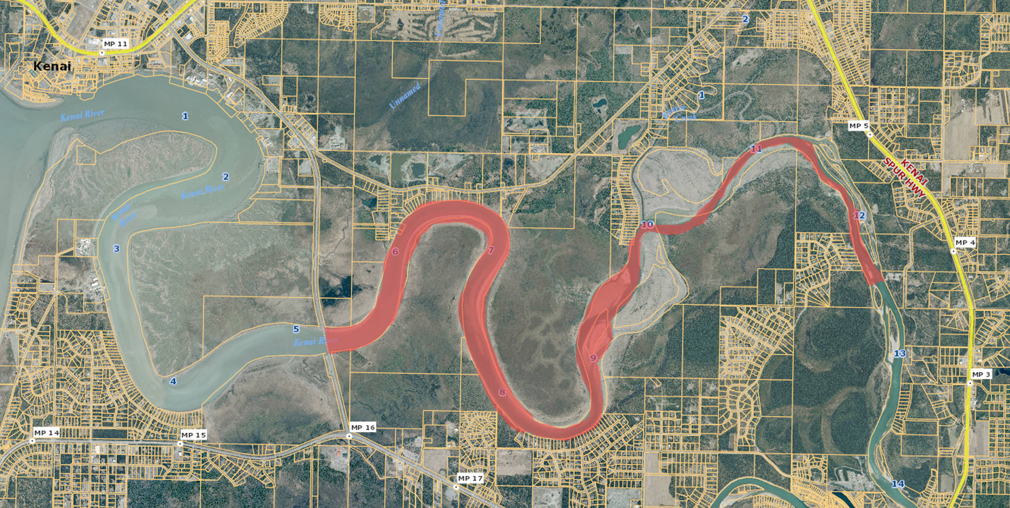 This map shades in red the 7.5 miles of the Kenai River upstream of the Warren Ames Bridge that the Alaska Department of Environmental Conservation seeks to classify as an impaired water body because of its high turbity, or levels of suspended sediment. (Courtesy the Kenai Peninsula Borough)