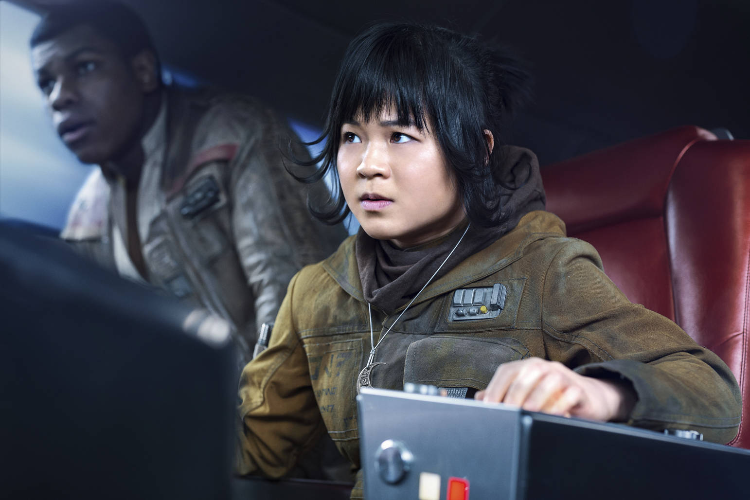This image released by Lucasfilm shows Kelly Marie Tran as Rose and John Boyega as Finn, left, in “Star Wars: The Last Jedi.” (Jonathan Olley/Lucasfilm via AP)