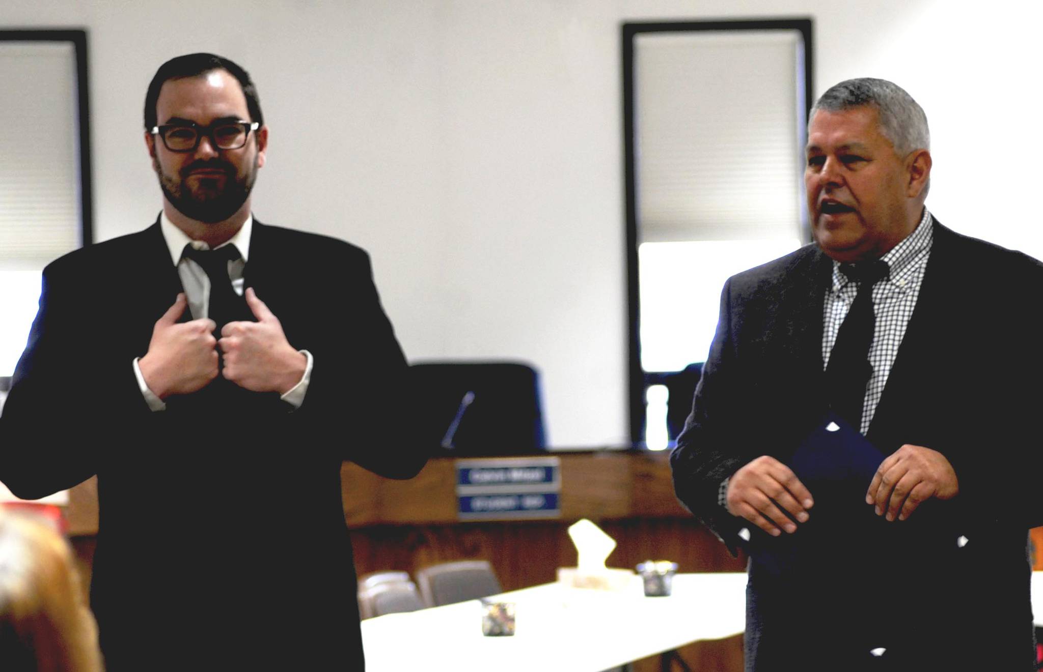 Borough Mayor Charlie Pierce and Chief of Staff John Quick speak to the attendees at Pierce’s swearing-in ceremony at the George A. Navarre Borough Administration Building on Monday, Nov. 6, 2017 in Soldotna, Alaska. Monday marked Pierce’s first official day on the job, though he and Quick spent part of last week in the borough building working on the transition of administrations with former mayor Mike Navarre. (Photo by Elizabeth Earl/Peninsula Clarion)