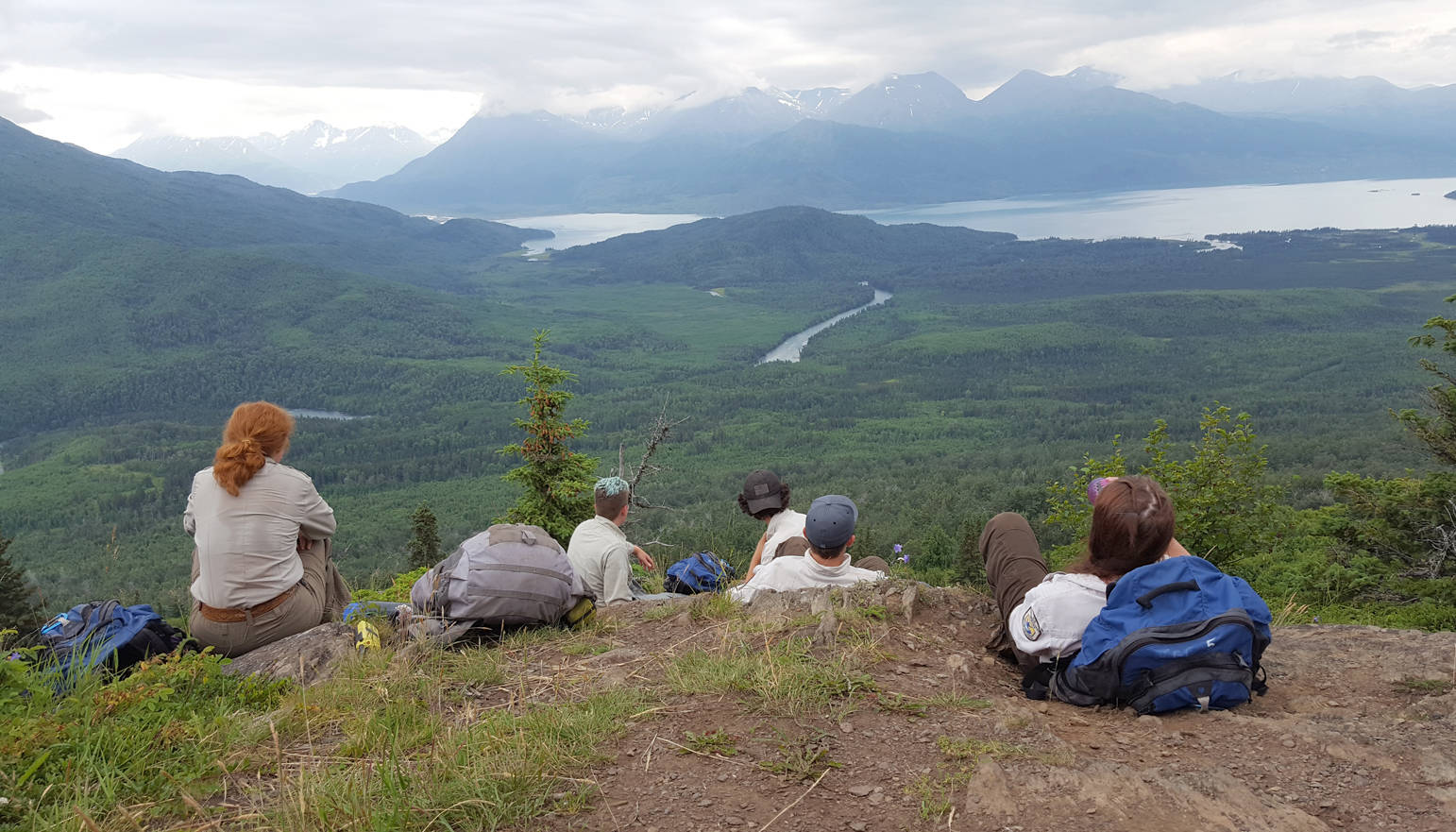 The Youth Conservation Corps crew takes a break from their work on the Hideout Trail. (Photo courtesy Kenai National Wildlife Refuge)